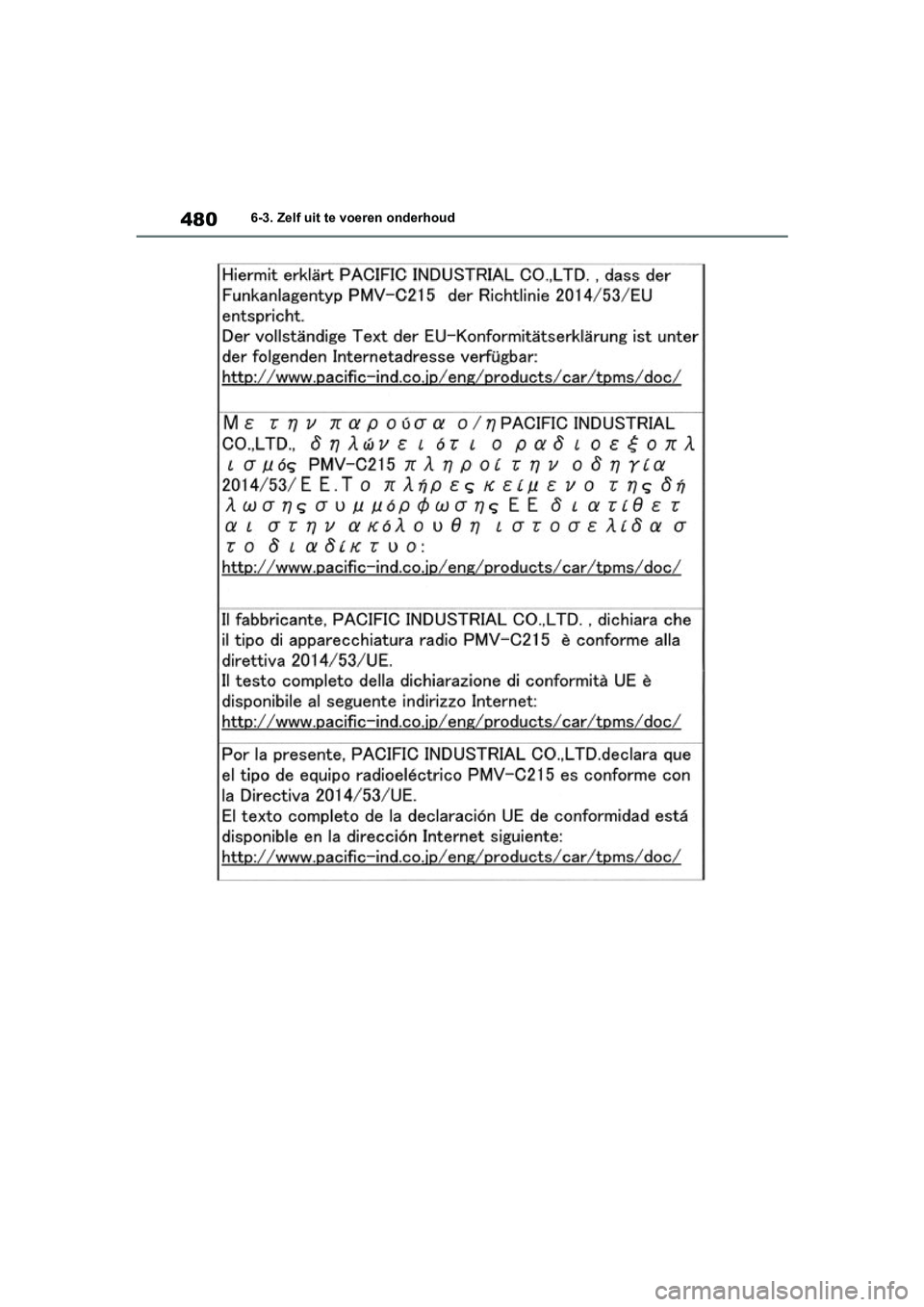 TOYOTA RAV4 HYBRID 2019 Instructieboekje (in Dutch) 4806-3. Zelf uit te voeren onderhoud
pM_RAV4-HV_OM_OM42D12E_(EE).book Page 480 Friday, March 22, 2019 11:40 AM TOYOTA RAV4 HYBRID 2019 Instructieboekje (in Dutch) 4806-3. Zelf uit te voeren onderhoud
pM_RAV4-HV_OM_OM42D12E_(EE).book Page 480 Friday, March 22, 2019 11:40 AM
