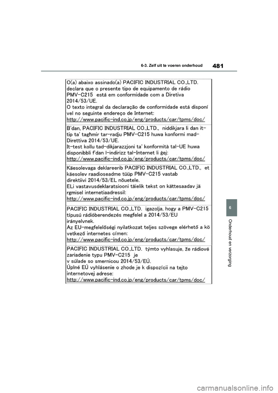 TOYOTA RAV4 HYBRID 2019 Instructieboekje (in Dutch) 481
6
6-3. Zelf uit te voeren onderhoud
Onderhoud en verzorging
pM_RAV4-HV_OM_OM42D12E_(EE)
.book Page 481 Friday, March 22, 2019 11:40 AM TOYOTA RAV4 HYBRID 2019 Instructieboekje (in Dutch) 481
6
6-3. Zelf uit te voeren onderhoud
Onderhoud en verzorging
pM_RAV4-HV_OM_OM42D12E_(EE)
.book Page 481 Friday, March 22, 2019 11:40 AM