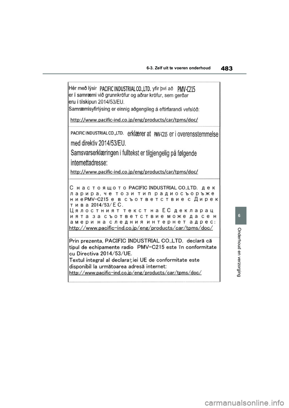TOYOTA RAV4 HYBRID 2019 Instructieboekje (in Dutch) 483
6
6-3. Zelf uit te voeren onderhoud
Onderhoud en verzorging
pM_RAV4-HV_OM_OM42D12E_(EE)
.book Page 483 Friday, March 22, 2019 11:40 AM TOYOTA RAV4 HYBRID 2019 Instructieboekje (in Dutch) 483
6
6-3. Zelf uit te voeren onderhoud
Onderhoud en verzorging
pM_RAV4-HV_OM_OM42D12E_(EE)
.book Page 483 Friday, March 22, 2019 11:40 AM