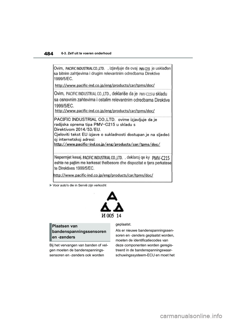 TOYOTA RAV4 HYBRID 2019 Instructieboekje (in Dutch) 4846-3. Zelf uit te voeren onderhoud
Voor auto's die in Servië zijn verkocht
Bij het vervangen van banden of vel-
gen moeten de bandenspannings-
sensoren en -zenders ook worden geplaatst.
Als TOYOTA RAV4 HYBRID 2019 Instructieboekje (in Dutch) 4846-3. Zelf uit te voeren onderhoud
Voor auto's die in Servië zijn verkocht
Bij het vervangen van banden of vel-
gen moeten de bandenspannings-
sensoren en -zenders ook worden geplaatst.
Als