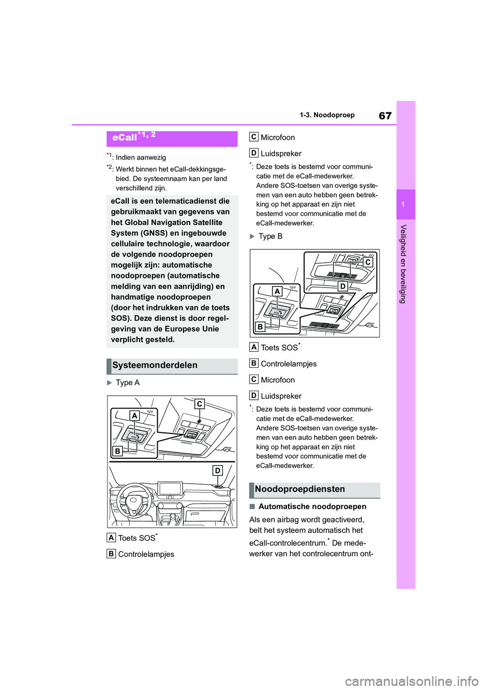 TOYOTA RAV4 HYBRID 2019  Instructieboekje (in Dutch) 67
1
1-3. Noodoproep
Veiligheid en beveiliging
1-3.Noodoproep
*1: Indien aanwezig
*2: Werkt binnen het eCall-dekkingsge-
bied. De systeemnaam kan per land 
verschillend zijn.
Type A
Toets SOS
*
Con
