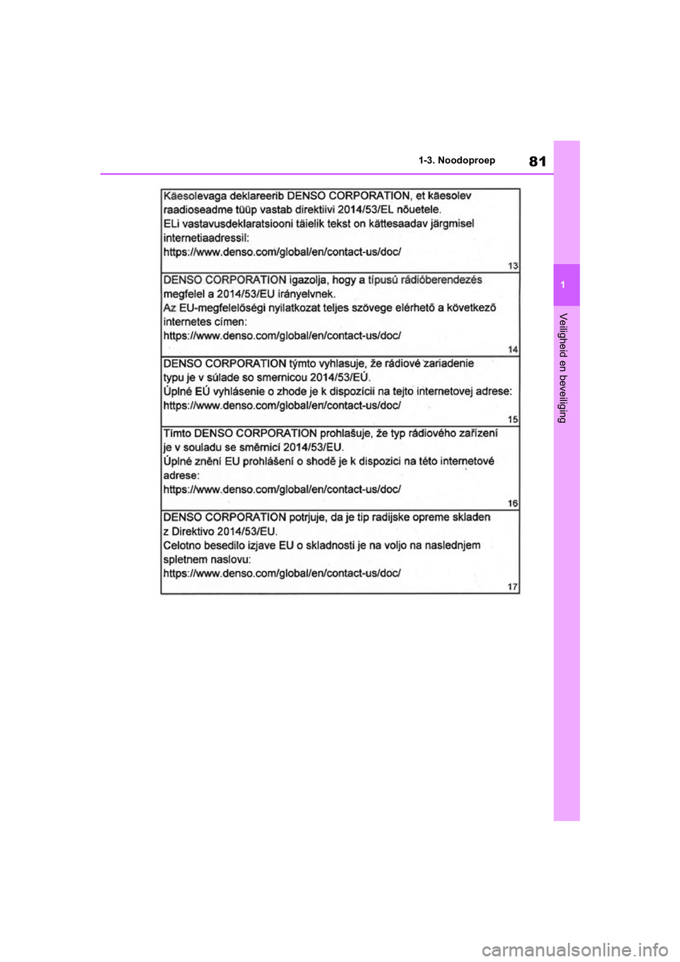 TOYOTA RAV4 HYBRID 2019 Instructieboekje (in Dutch) 81
1
1-3. Noodoproep
Veiligheid en beveiliging
pM_RAV4-HV_OM_OM42D12E_(EE)
.book Page 81 Friday, March 22, 2019 11:40 AM TOYOTA RAV4 HYBRID 2019 Instructieboekje (in Dutch) 81
1
1-3. Noodoproep
Veiligheid en beveiliging
pM_RAV4-HV_OM_OM42D12E_(EE)
.book Page 81 Friday, March 22, 2019 11:40 AM