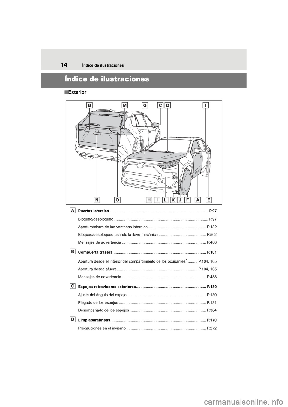 TOYOTA RAV4 HYBRID 2018  Manual del propietario (in Spanish) 14Índice de ilustraciones
Índice de ilustraciones
■Exterior
Puertas laterales.............................................. .............................................. P.97
Bloqueo/desbloqueo..