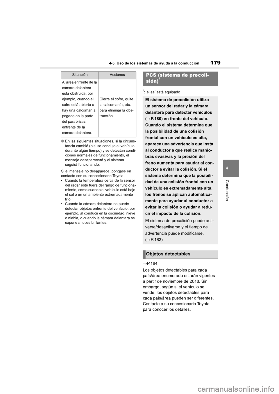 TOYOTA RAV4 HYBRID 2018  Manual del propietario (in Spanish) 1794-5. Uso de los sistemas de ayuda a la conducción
4
Conducción
●En las siguientes situaciones, si la circuns-
tancia cambió (o si se condujo el vehículo 
durante algún tiempo) y se detectan 