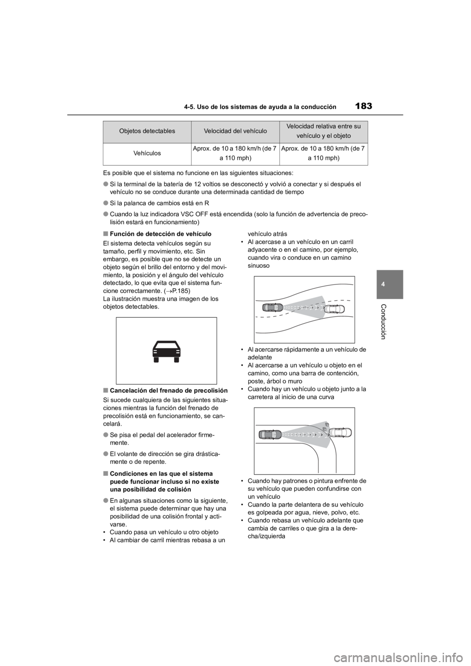 TOYOTA RAV4 HYBRID 2018  Manual del propietario (in Spanish) 1834-5. Uso de los sistemas de ayuda a la conducción
4
Conducción
Es posible que el sistema no funcione en las siguientes situaciones:
●Si la terminal de la batería de 12 voltios se desconectó y