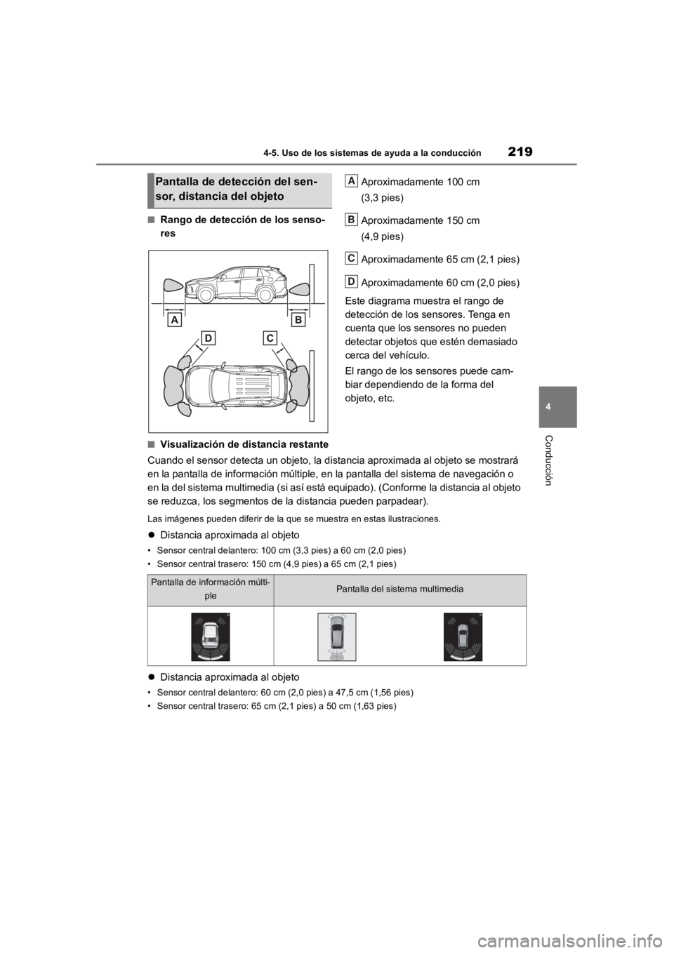TOYOTA RAV4 HYBRID 2018 Manual del propietario (in Spanish) 2194-5. Uso de los sistemas de ayuda a la conducción
4
Conducción
■Rango de detección de los senso-
resAproximadamente 100 cm
(3,3 pies)
Aproximadamente 150 cm
(4,9 pies)
Aproximadamente 65 cm TOYOTA RAV4 HYBRID 2018 Manual del propietario (in Spanish) 2194-5. Uso de los sistemas de ayuda a la conducción
4
Conducción
■Rango de detección de los senso-
resAproximadamente 100 cm
(3,3 pies)
Aproximadamente 150 cm
(4,9 pies)
Aproximadamente 65 cm