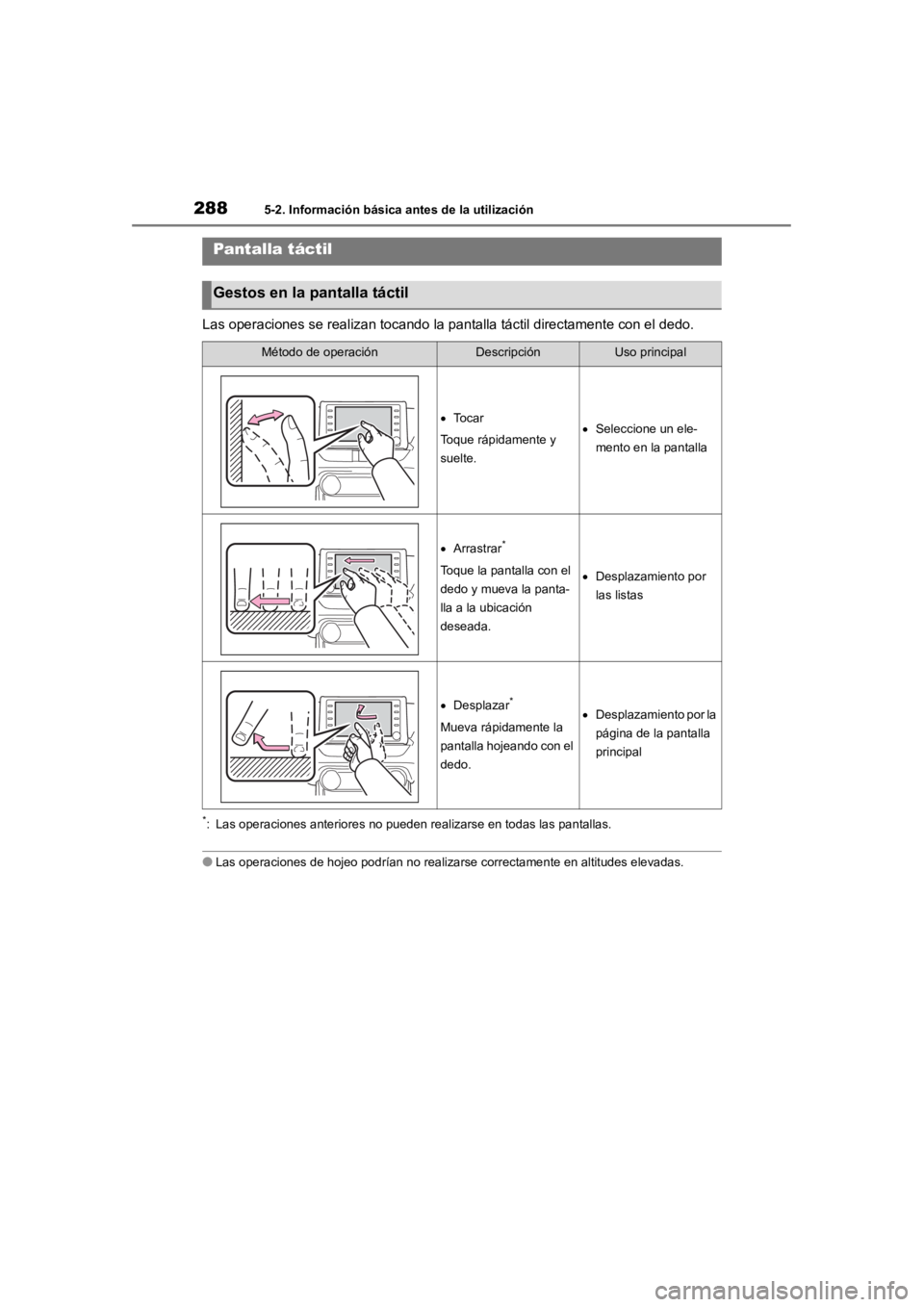 TOYOTA RAV4 HYBRID 2018 Manual del propietario (in Spanish) 2885-2. Información básica antes de la utilización
Las operaciones se realizan tocando la pantalla táctil directamente con el dedo.
*: Las operaciones anteriores no pueden realizarse en todas las TOYOTA RAV4 HYBRID 2018 Manual del propietario (in Spanish) 2885-2. Información básica antes de la utilización
Las operaciones se realizan tocando la pantalla táctil directamente con el dedo.
*: Las operaciones anteriores no pueden realizarse en todas las