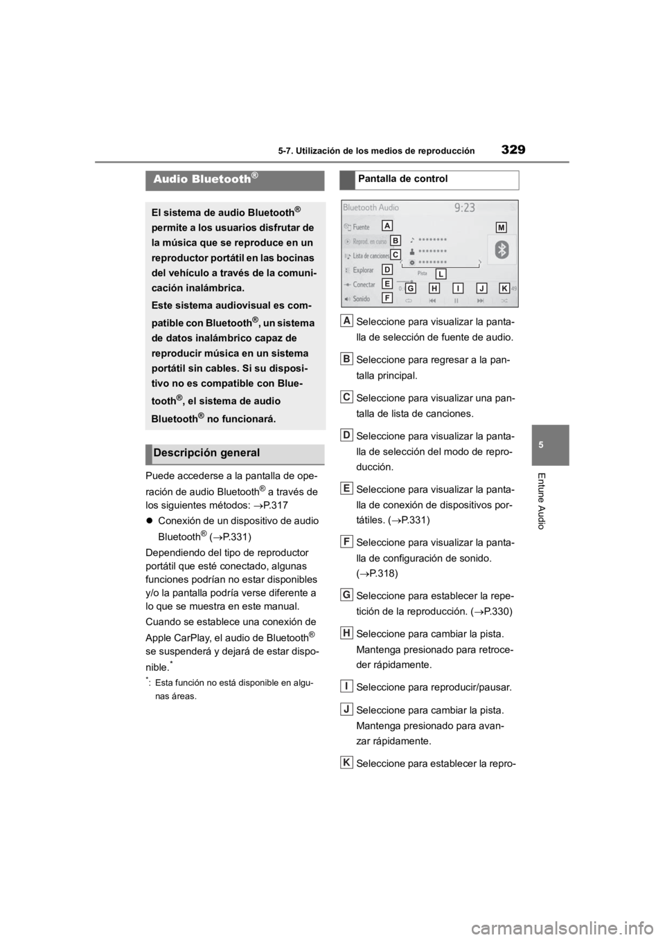 TOYOTA RAV4 HYBRID 2018 Manual del propietario (in Spanish) 3295-7. Utilización de los medios de reproducción
5
Entune AudioPuede accederse a la pantalla de ope-
ración de audio Bluetooth
® a través de
los siguientes métodos: P. 3 1 7
Conexión d TOYOTA RAV4 HYBRID 2018 Manual del propietario (in Spanish) 3295-7. Utilización de los medios de reproducción
5
Entune AudioPuede accederse a la pantalla de ope-
ración de audio Bluetooth
® a través de
los siguientes métodos: P. 3 1 7
Conexión d