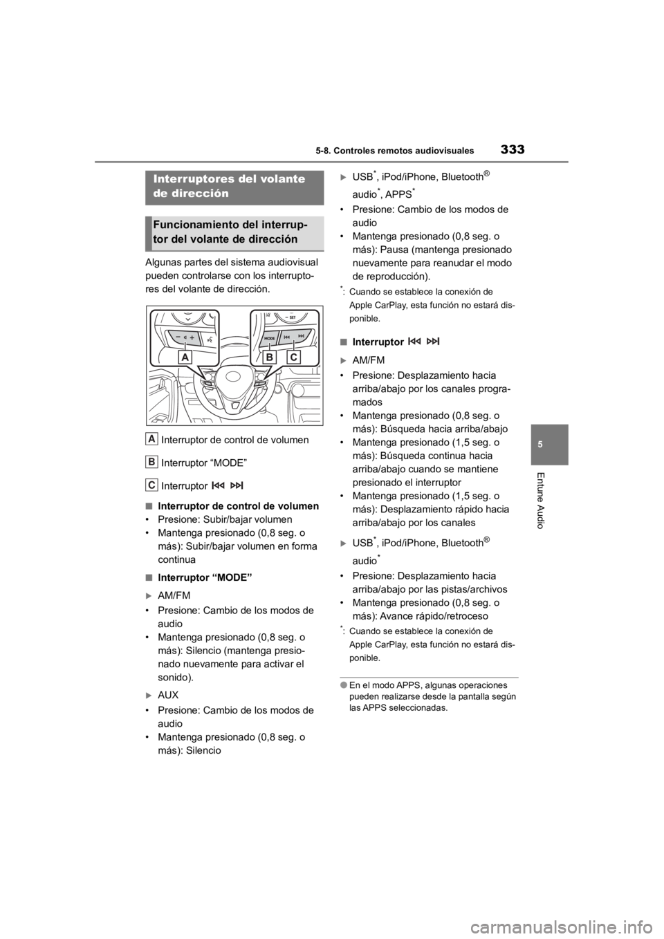 TOYOTA RAV4 HYBRID 2018 Manual del propietario (in Spanish) 3335-8. Controles remotos audiovisuales
5
Entune Audio
5-8.Controles remotos audiovisuales
Algunas partes del sistema audiovisual
pueden controlarse con los interrupto-
res del volante de dirección. TOYOTA RAV4 HYBRID 2018 Manual del propietario (in Spanish) 3335-8. Controles remotos audiovisuales
5
Entune Audio
5-8.Controles remotos audiovisuales
Algunas partes del sistema audiovisual
pueden controlarse con los interrupto-
res del volante de dirección.