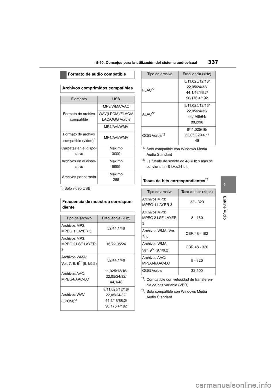 TOYOTA RAV4 HYBRID 2018  Manual del propietario (in Spanish) 3375-10. Consejos para la utilización del sistema audiovisual
5
Entune Audio
*: Solo video USB
*1: Solo compatible con Windows Media Audio Standard
*2: La fuente de sonido de 48 kHz o más se convier