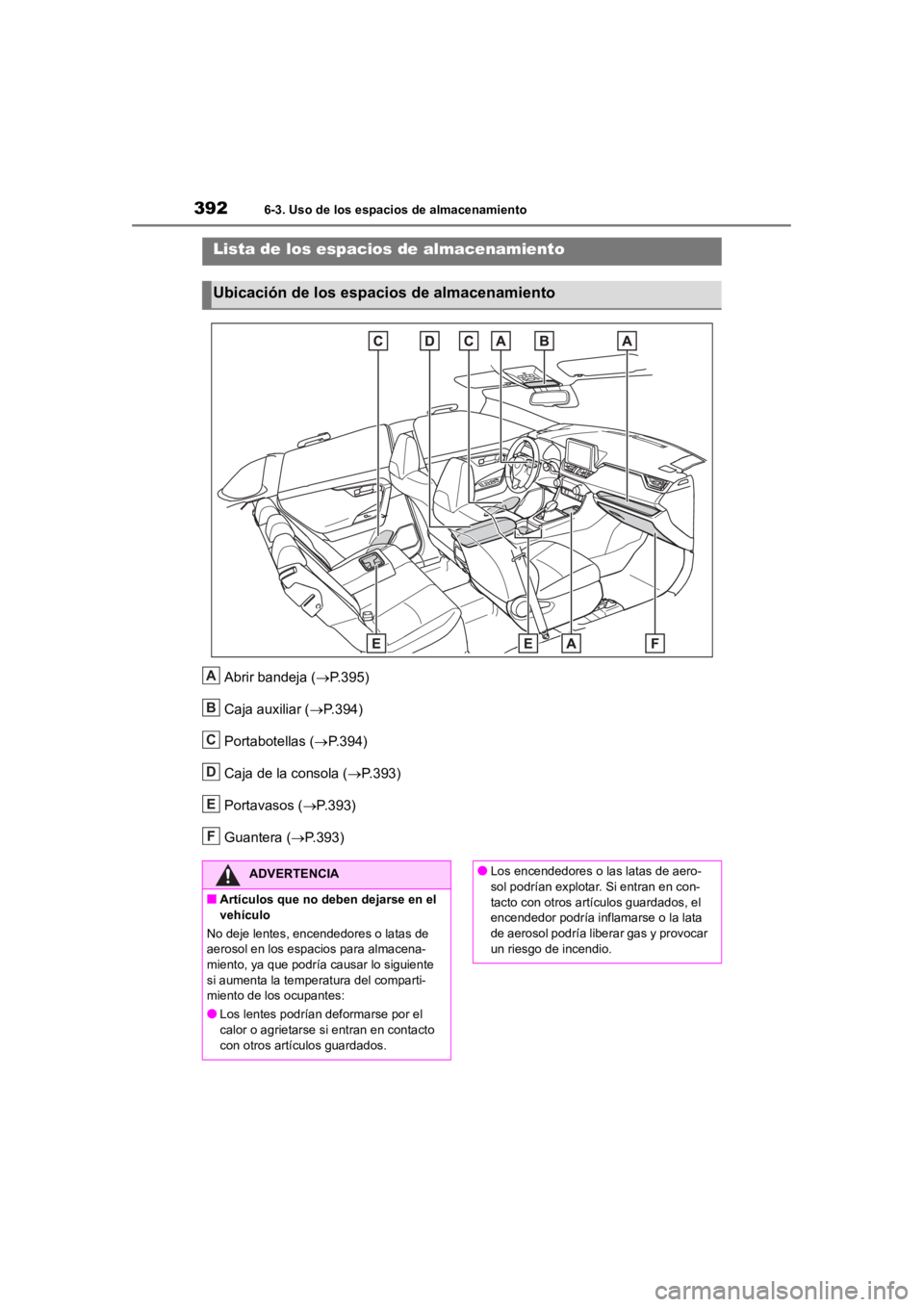 TOYOTA RAV4 HYBRID 2018  Manual del propietario (in Spanish) 3926-3. Uso de los espacios de almacenamiento
6-3.Uso de los espacios de almacenamiento
Abrir bandeja (P.395)
Caja auxiliar ( P.394)
Portabotellas ( P.394)
Caja de la consola ( P.393)
Port