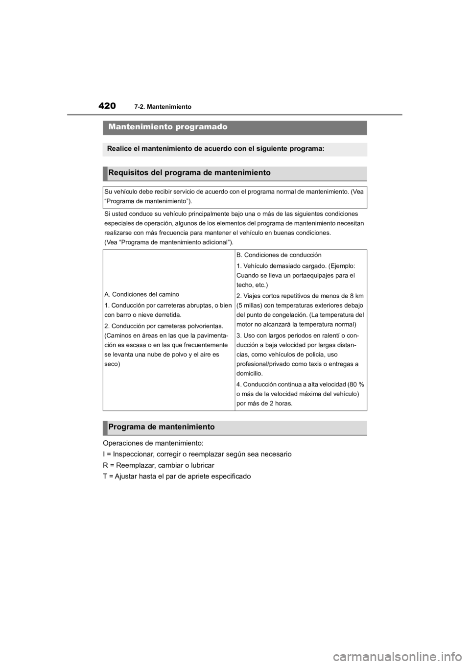 TOYOTA RAV4 HYBRID 2018 Manual del propietario (in Spanish) 4207-2. Mantenimiento
Operaciones de mantenimiento:
I = Inspeccionar, corregir o reemplazar según sea necesario
R = Reemplazar, cambiar o lubricar
T = Ajustar hasta el par de apriete especificado
Man TOYOTA RAV4 HYBRID 2018 Manual del propietario (in Spanish) 4207-2. Mantenimiento
Operaciones de mantenimiento:
I = Inspeccionar, corregir o reemplazar según sea necesario
R = Reemplazar, cambiar o lubricar
T = Ajustar hasta el par de apriete especificado
Man