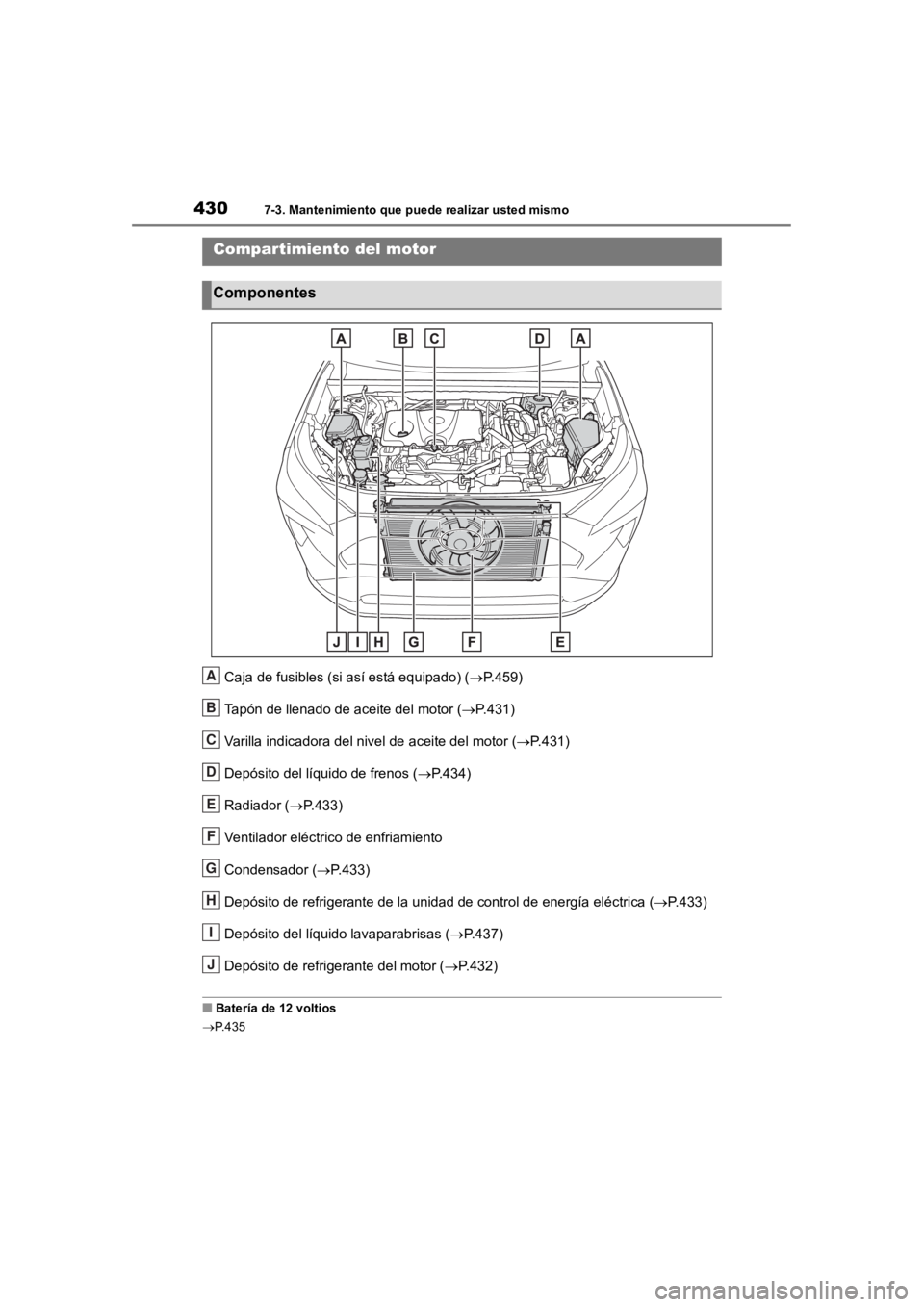 TOYOTA RAV4 HYBRID 2018  Manual del propietario (in Spanish) 4307-3. Mantenimiento que puede realizar usted mismo
Caja de fusibles (si así está equipado) (P.459)
Tapón de llenado de aceite del motor ( P.431)
Varilla indicadora del nive l de aceite del 