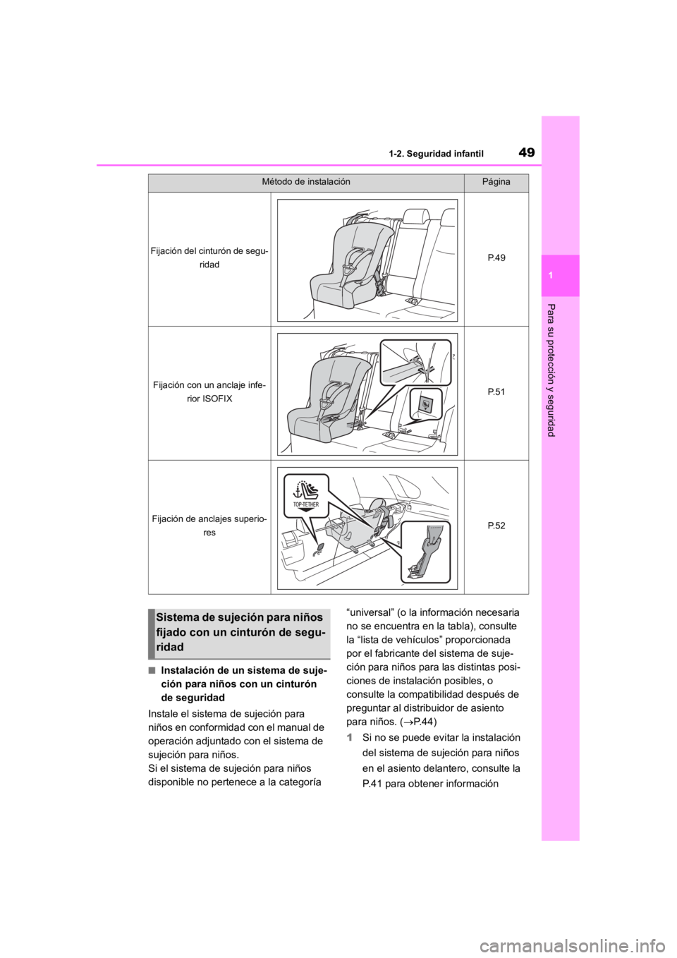 TOYOTA RAV4 HYBRID 2018  Manual del propietario (in Spanish) 491-2. Seguridad infantil
1
Para su protección y seguridad
■Instalación de un sistema de suje-
ción para niños con un cinturón 
de seguridad
Instale el sistema de sujeción para 
niños en conf