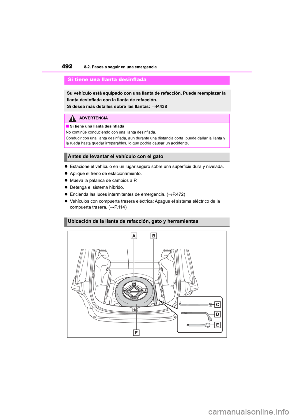 TOYOTA RAV4 HYBRID 2018 Manual del propietario (in Spanish) 4928-2. Pasos a seguir en una emergencia
Estacione el vehículo en un luga r seguro sobre una superficie dura y nivelada.
Aplique el freno de estacionamiento.
Mueva la palanca de cambios a TOYOTA RAV4 HYBRID 2018 Manual del propietario (in Spanish) 4928-2. Pasos a seguir en una emergencia
Estacione el vehículo en un luga r seguro sobre una superficie dura y nivelada.
Aplique el freno de estacionamiento.
Mueva la palanca de cambios a