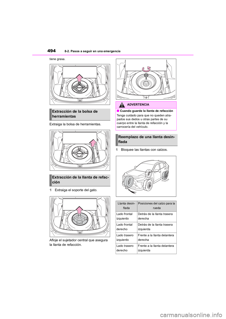 TOYOTA RAV4 HYBRID 2018 Manual del propietario (in Spanish) 4948-2. Pasos a seguir en una emergencia
tiene grasa.
Extraiga la bolsa de herramientas.
1Extraiga el soporte del gato.
Afloje el sujetador central que asegura
la llanta de refacción. 1
Bloquee las TOYOTA RAV4 HYBRID 2018 Manual del propietario (in Spanish) 4948-2. Pasos a seguir en una emergencia
tiene grasa.
Extraiga la bolsa de herramientas.
1Extraiga el soporte del gato.
Afloje el sujetador central que asegura
la llanta de refacción. 1
Bloquee las
