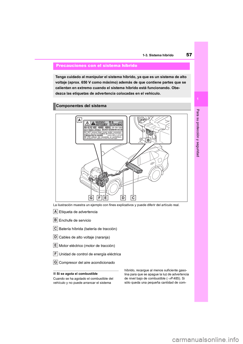 TOYOTA RAV4 HYBRID 2018  Manual del propietario (in Spanish) 571-3. Sistema híbrido
1
Para su protección y seguridad
La ilustración muestra un ejemplo con fines explicativos y puede diferir del artículo real.
Etiqueta de advertencia
Enchufe de servicio
Bate
