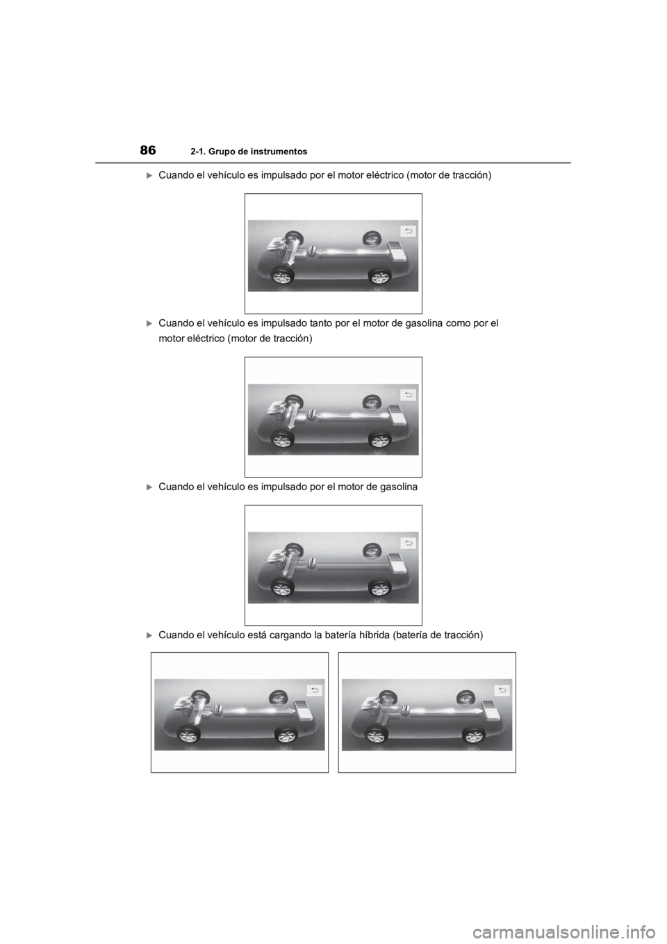 TOYOTA RAV4 HYBRID 2018  Manual del propietario (in Spanish) 862-1. Grupo de instrumentos
Cuando el vehículo es impulsado por el motor eléctrico (motor de tracción)
Cuando el vehículo es impulsado tanto por el motor de gasolina  como por el 
motor el