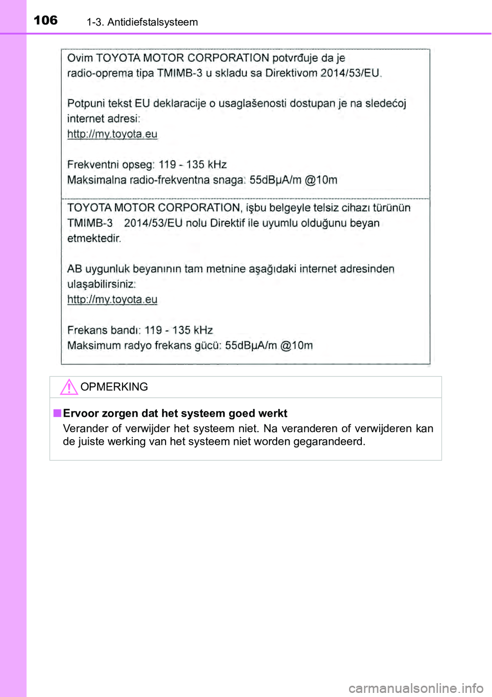 TOYOTA RAV4 HYBRID 2018 Instructieboekje (in Dutch) 1061-3. Antidiefstalsysteem
OPMERKING
■Ervoor zorgen dat het systeem goed werkt
Verander of verwijder het systeem niet. Na veranderen of verwij deren kan
de juiste werking van het systeem TOYOTA RAV4 HYBRID 2018 Instructieboekje (in Dutch) 1061-3. Antidiefstalsysteem
OPMERKING
■Ervoor zorgen dat het systeem goed werkt
Verander of verwijder het systeem niet. Na veranderen of verwij deren kan
de juiste werking van het systeem