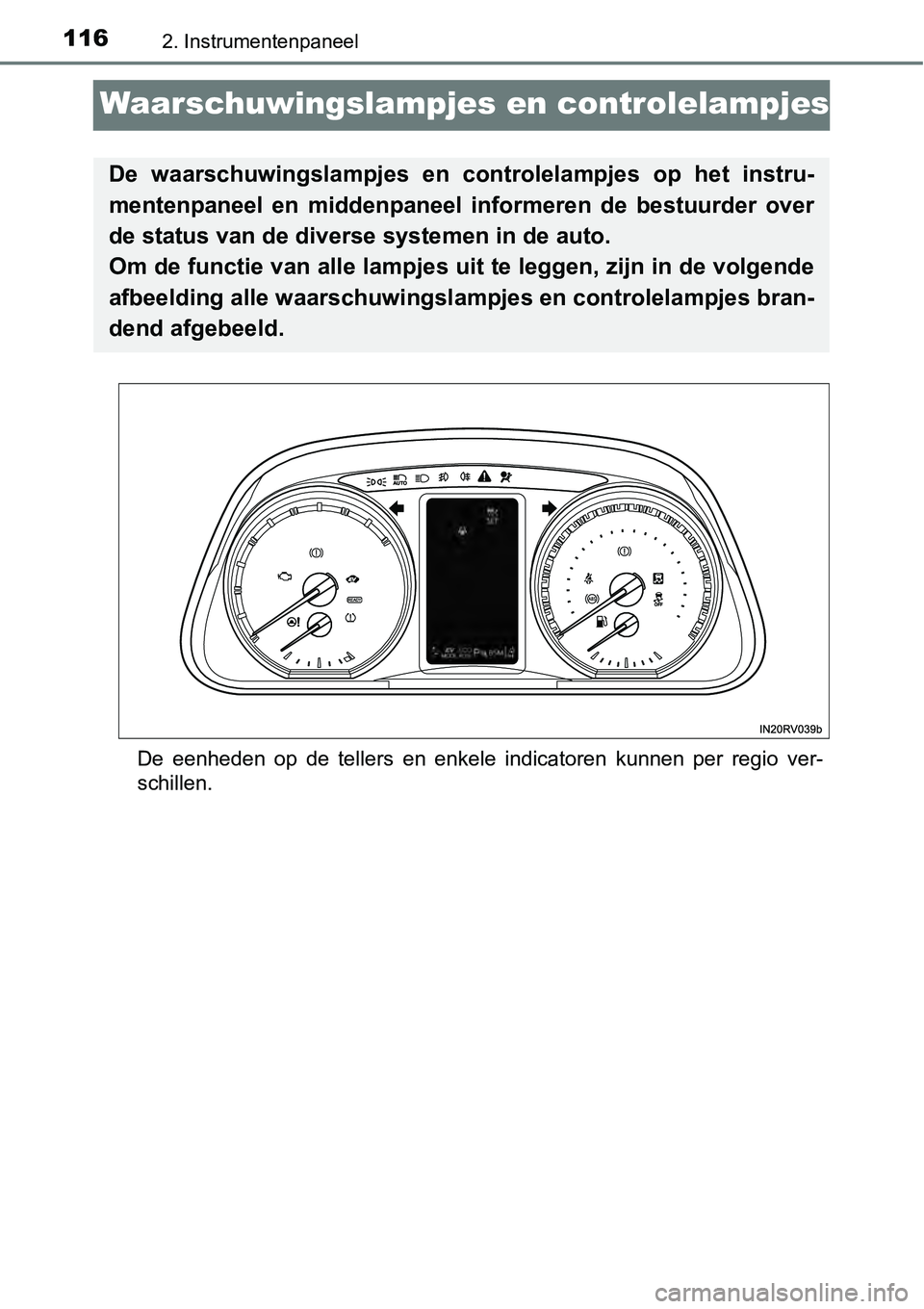TOYOTA RAV4 HYBRID 2018 Instructieboekje (in Dutch) 1162. Instrumentenpaneel
Waarschuwingslampjes en controlelampjes
De eenheden op de tellers en enkele indicatoren kunnen per regio ver-
schillen.
De waarschuwingslampjes en c ontrolelampj TOYOTA RAV4 HYBRID 2018 Instructieboekje (in Dutch) 1162. Instrumentenpaneel
Waarschuwingslampjes en controlelampjes
De eenheden op de tellers en enkele indicatoren kunnen per regio ver-
schillen.
De waarschuwingslampjes en c ontrolelampj