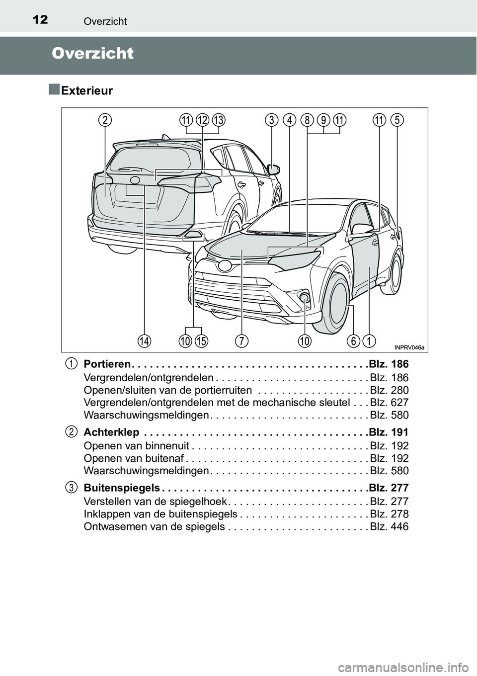 TOYOTA RAV4 HYBRID 2018 Instructieboekje (in Dutch) 12Overzicht
Overzicht
■
Exterieur
Portieren . . . . . . . . . . . . . . . . . . . . . . . . . . . . . . . . . . . . . . . .Blz. 186
Vergrendelen/ontgrendelen . . . . . . . . . . . . . . . . . . . . TOYOTA RAV4 HYBRID 2018 Instructieboekje (in Dutch) 12Overzicht
Overzicht
■
Exterieur
Portieren . . . . . . . . . . . . . . . . . . . . . . . . . . . . . . . . . . . . . . . .Blz. 186
Vergrendelen/ontgrendelen . . . . . . . . . . . . . . . . . . . .