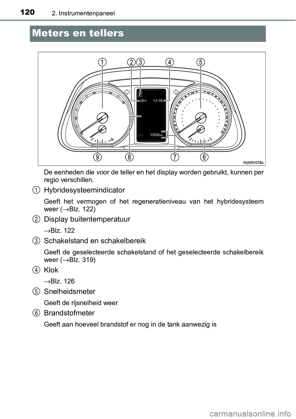 TOYOTA RAV4 HYBRID 2018  Instructieboekje (in Dutch) 1202. Instrumentenpaneel
Meters en tellers
De eenheden die voor de teller en het display worden gebruikt, kunnen per
regio verschillen.
Hybridesysteemindicator
Geeft  het  vermogen  of  het  regenerat