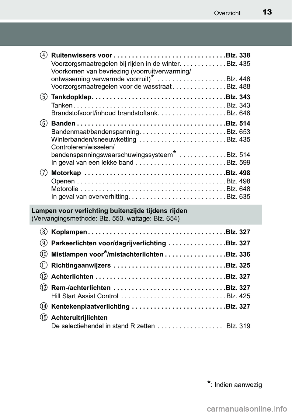 TOYOTA RAV4 HYBRID 2018 Instructieboekje (in Dutch) 13Overzicht
Ruitenwissers voor . . . . . . . . . . . . . . . . . . . . . . . . . . . . . . .Blz. 338
Voorzorgsmaatregelen bij rijden in de winter. . . . . . . . . . . . . Blz. 435
Voorkomen van bevrie TOYOTA RAV4 HYBRID 2018 Instructieboekje (in Dutch) 13Overzicht
Ruitenwissers voor . . . . . . . . . . . . . . . . . . . . . . . . . . . . . . .Blz. 338
Voorzorgsmaatregelen bij rijden in de winter. . . . . . . . . . . . . Blz. 435
Voorkomen van bevrie