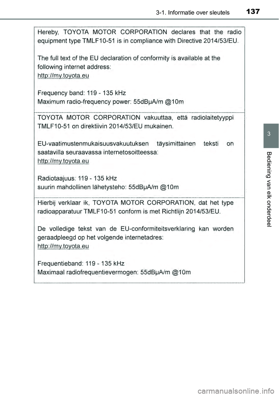 TOYOTA RAV4 HYBRID 2018  Instructieboekje (in Dutch) 1373-1. Informatie over sleutels
3
Bediening van elk onderdeel 