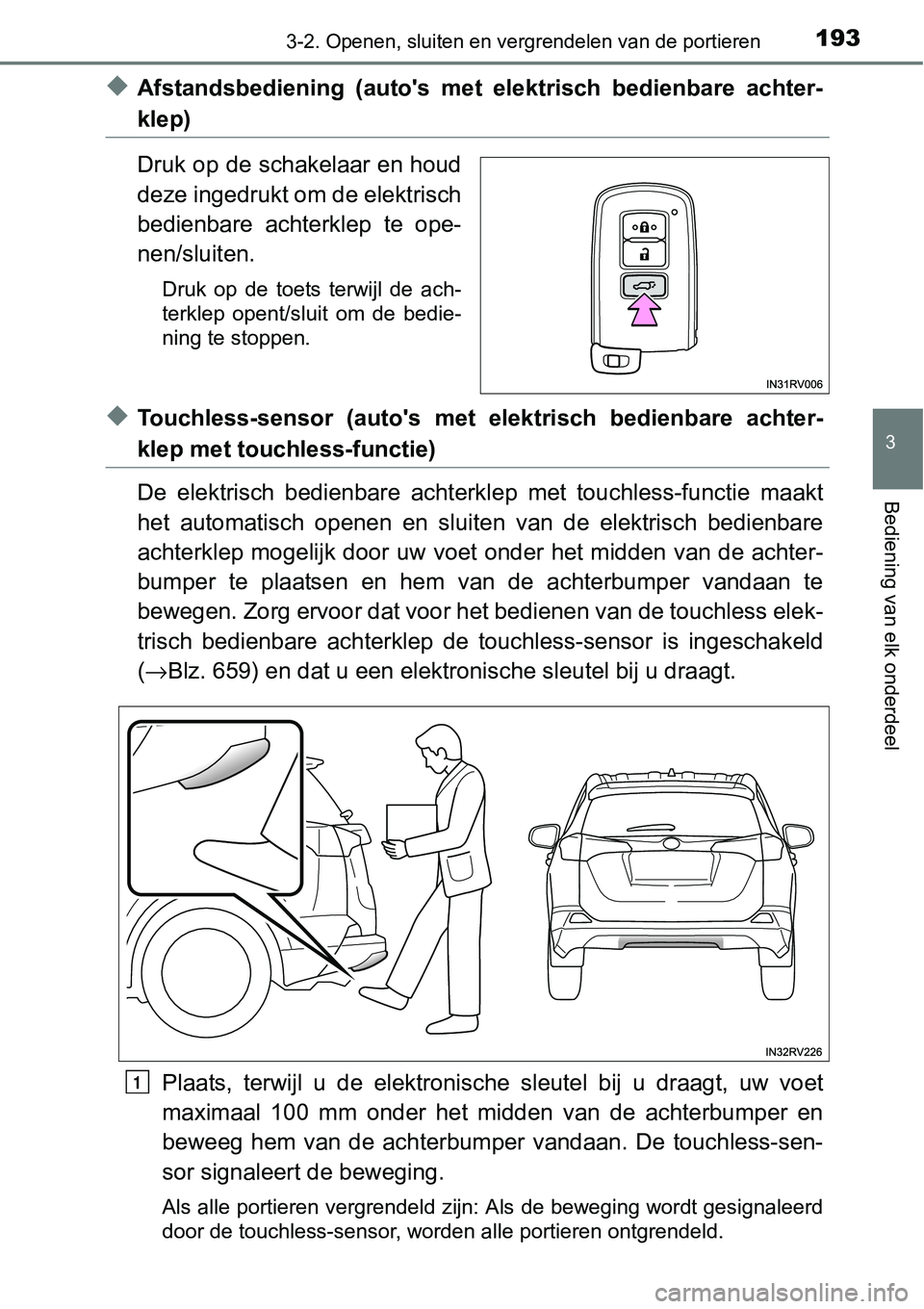 TOYOTA RAV4 HYBRID 2018  Instructieboekje (in Dutch) 1933-2. Openen, sluiten en vergrendelen van de portieren
3
Bediening van elk onderdeel
◆Afstandsbediening  (auto's  met  elektrisch  bedienbare  achter-
klep)
Druk op de schakelaar en houd
deze 