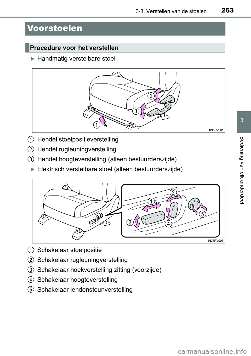 TOYOTA RAV4 HYBRID 2018  Instructieboekje (in Dutch) 263
3
3-3. Verstellen van de stoelen
Bediening van elk onderdeel
Voorstoelen
Handmatig verstelbare stoel
Hendel stoelpositieverstelling
Hendel rugleuningverstelling
Hendel hoogteverstelling (alleen