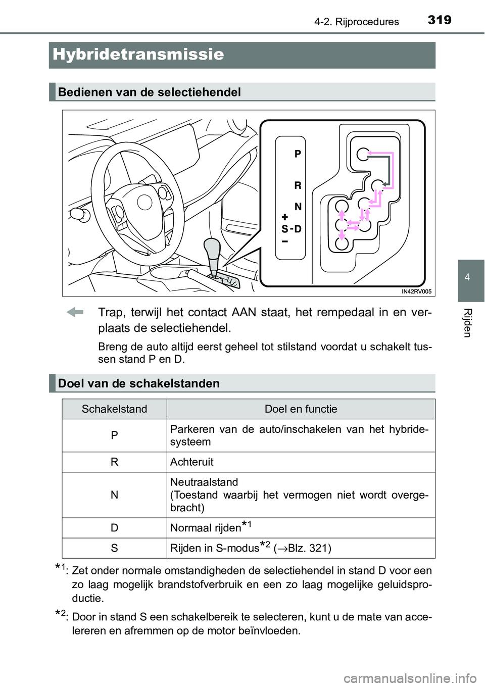 TOYOTA RAV4 HYBRID 2018  Instructieboekje (in Dutch) 319
4
4-2. Rijprocedures
Rijden
Hybridetransmissie
Trap,  terwijl  het  contact  AAN  staat,  het  rempedaal  in  en  ver-
plaats de selectiehendel.
Breng de auto altijd eerst geheel tot stilstand voo