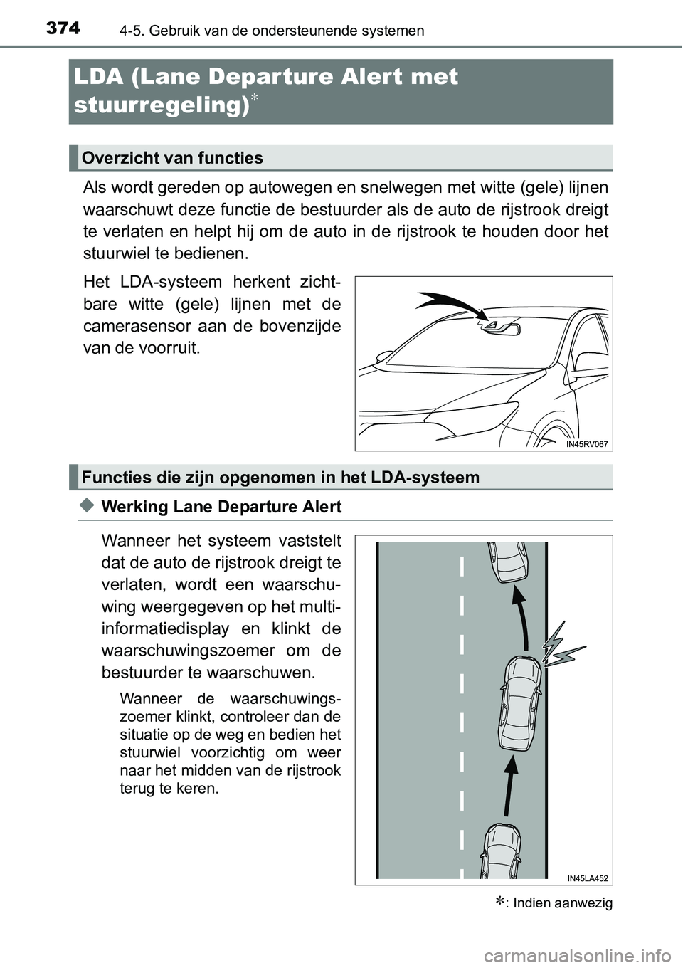 TOYOTA RAV4 HYBRID 2018  Instructieboekje (in Dutch) 3744-5. Gebruik van de ondersteunende systemen
LDA (Lane Depar ture Alert met 
stuurregeling)
∗
Als wordt gereden op autowegen en snelwegen met witte (gele) lijnen
waarschuwt deze functie de bestuur