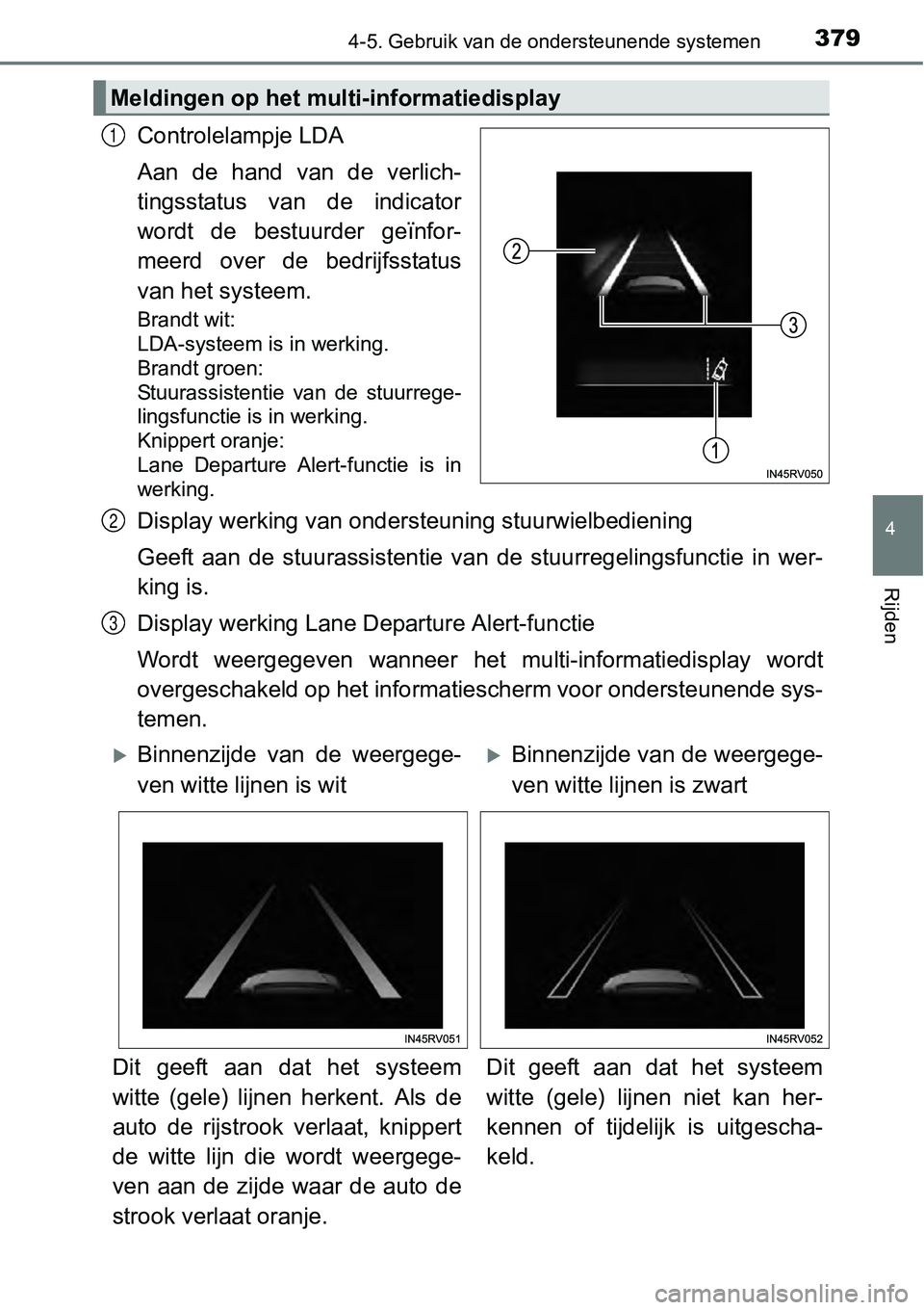 TOYOTA RAV4 HYBRID 2018  Instructieboekje (in Dutch) 3794-5. Gebruik van de ondersteunende systemen
4
Rijden
Controlelampje LDA
Aan  de  hand  van  de  verlich-
tingsstatus  van  de  indicator
wordt  de  bestuurder  geïnfor-
meerd  over  de  bedrijfsst