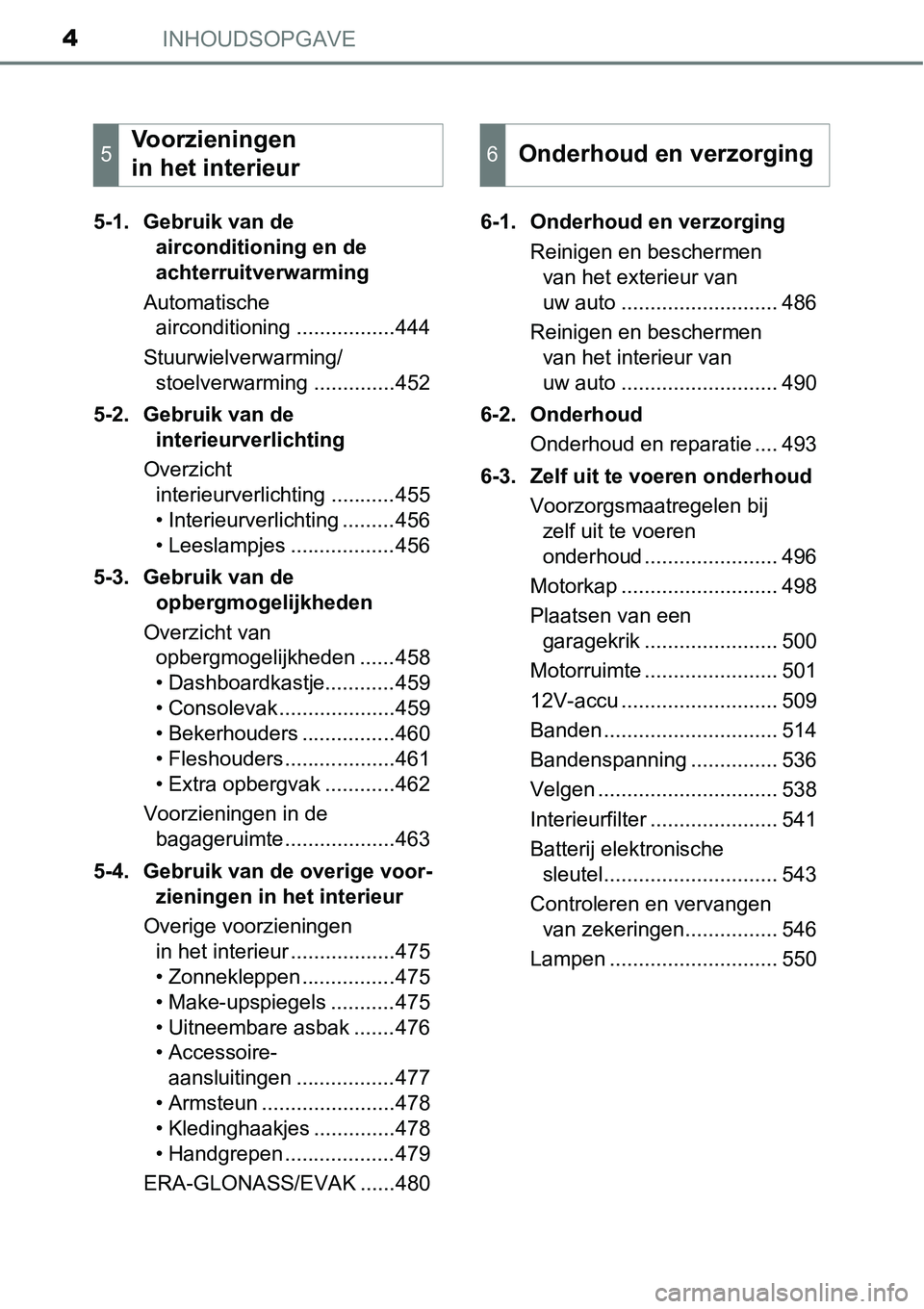 TOYOTA RAV4 HYBRID 2018 Instructieboekje (in Dutch) INHOUDSOPGAVE4
5-1. Gebruik van de airconditioning en de
achterruitverwarming
Automatische airconditioning .................444
Stuurwielverwarming/ stoelverwarming ..............452
5-2. Gebruik va TOYOTA RAV4 HYBRID 2018 Instructieboekje (in Dutch) INHOUDSOPGAVE4
5-1. Gebruik van de airconditioning en de
achterruitverwarming
Automatische airconditioning .................444
Stuurwielverwarming/ stoelverwarming ..............452
5-2. Gebruik va