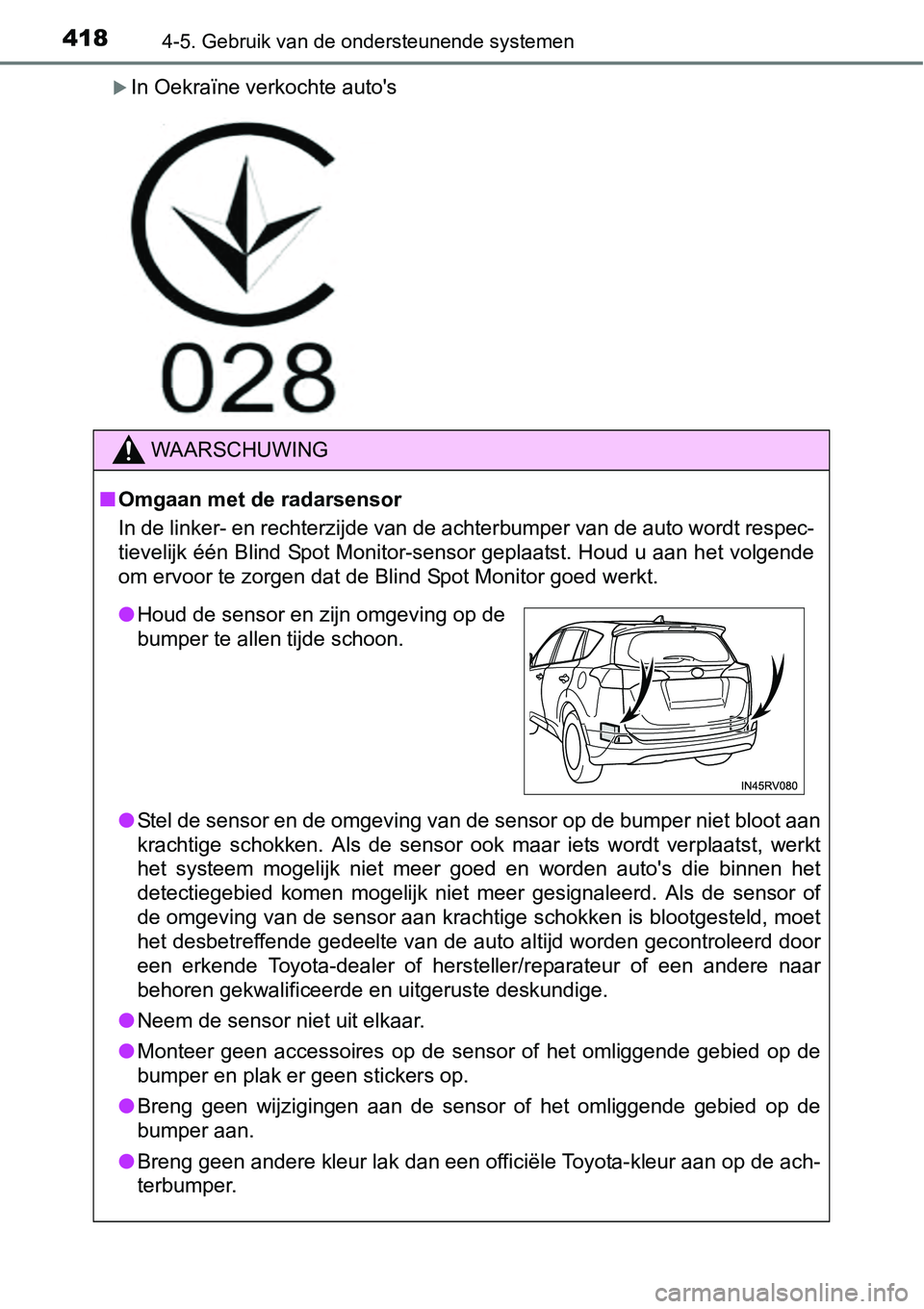 TOYOTA RAV4 HYBRID 2018  Instructieboekje (in Dutch) 4184-5. Gebruik van de ondersteunende systemen
In Oekraïne verkochte auto's
WAARSCHUWING
■Omgaan met de radarsensor
In de linker- en rechterzijde van de achterbumper van de auto w ordt respe
