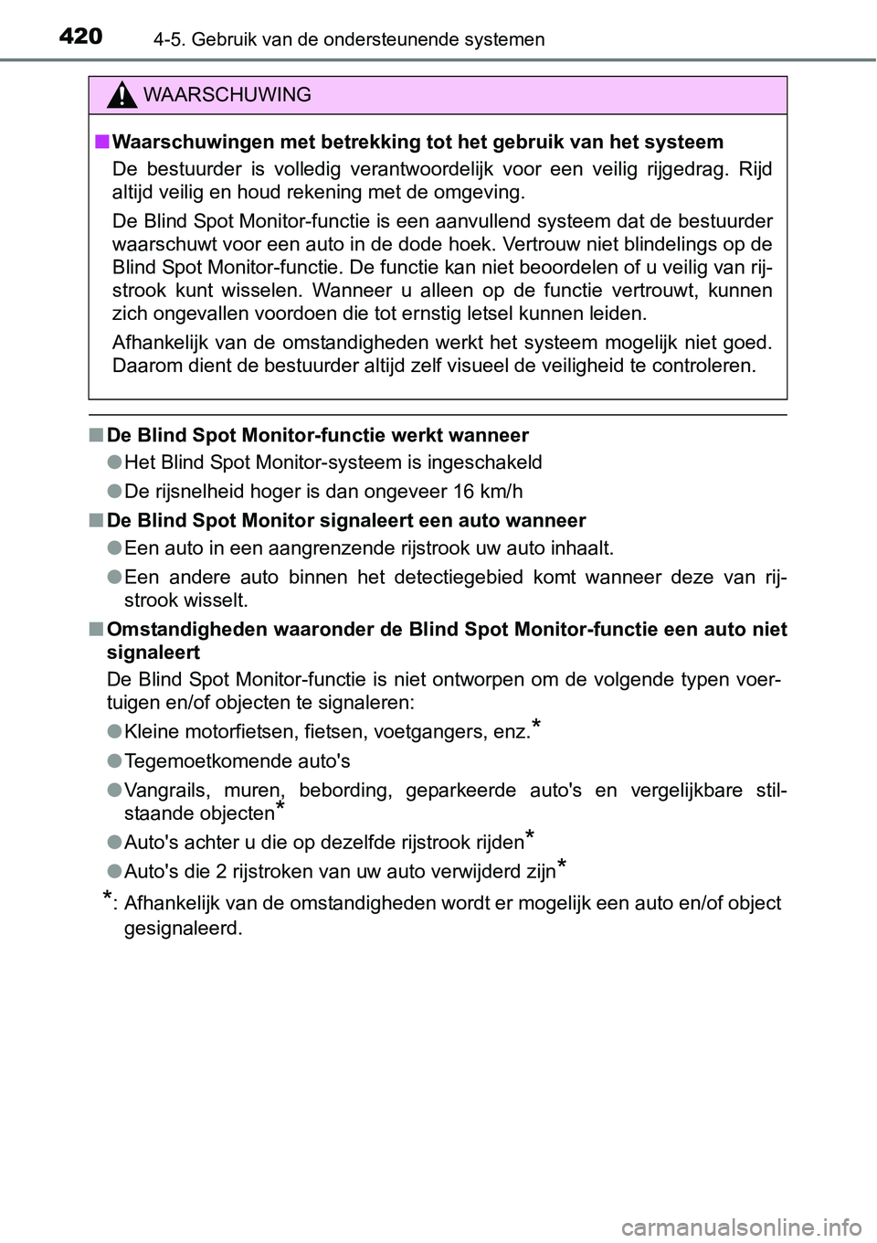 TOYOTA RAV4 HYBRID 2018  Instructieboekje (in Dutch) 4204-5. Gebruik van de ondersteunende systemen
■De Blind Spot Monitor-functie werkt wanneer
●Het Blind Spot Monitor-systeem is ingeschakeld
● De rijsnelheid hoger is dan ongeveer 16 km/h
■ De 