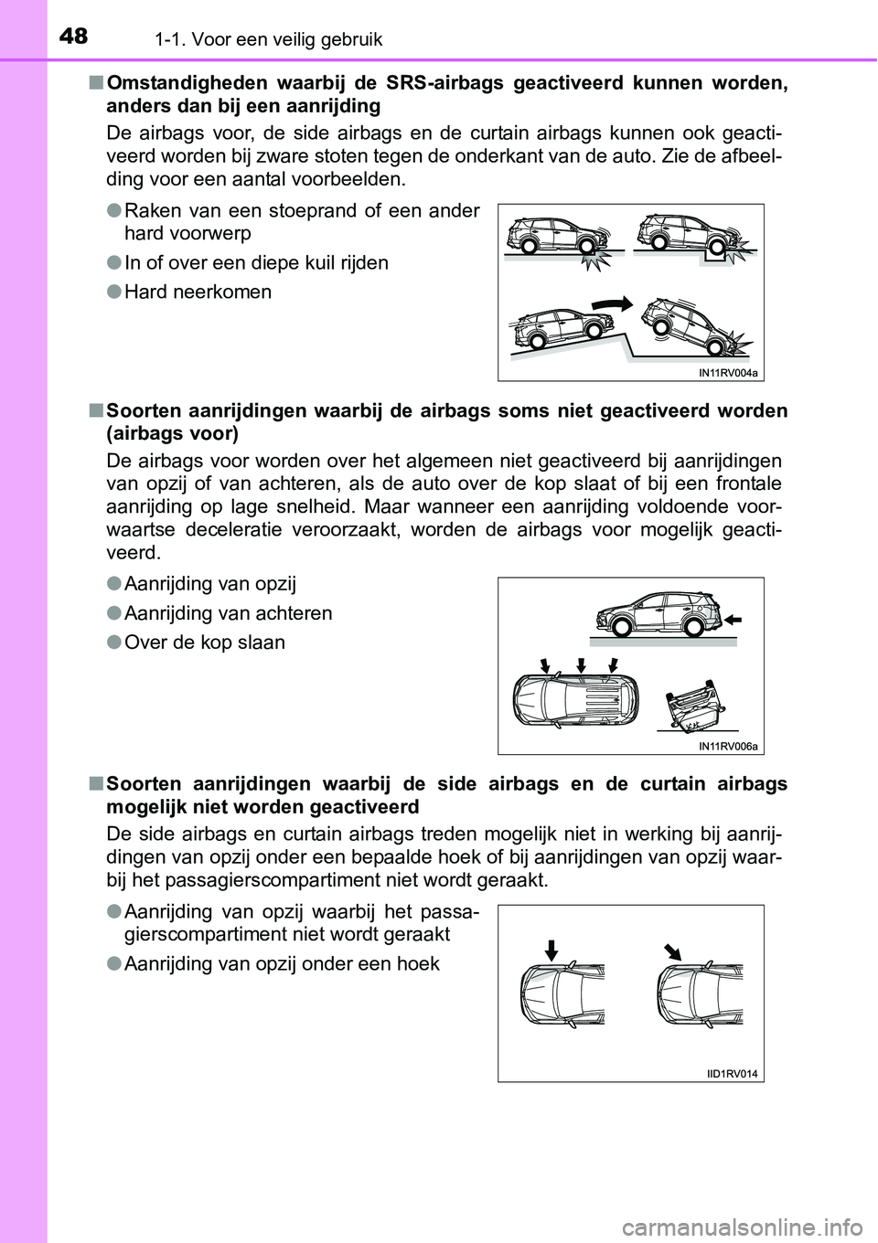 TOYOTA RAV4 HYBRID 2018  Instructieboekje (in Dutch) 481-1. Voor een veilig gebruik
■Omstandigheden  waarbij  de  SRS-air bags  geactiveerd  kunnen  worden,
anders dan bij een aanrijding 
De  airbags  voor,  de  side  airbags  en  de  curtain  airbags TOYOTA RAV4 HYBRID 2018  Instructieboekje (in Dutch) 481-1. Voor een veilig gebruik
■Omstandigheden  waarbij  de  SRS-air bags  geactiveerd  kunnen  worden,
anders dan bij een aanrijding 
De  airbags  voor,  de  side  airbags  en  de  curtain  airbags