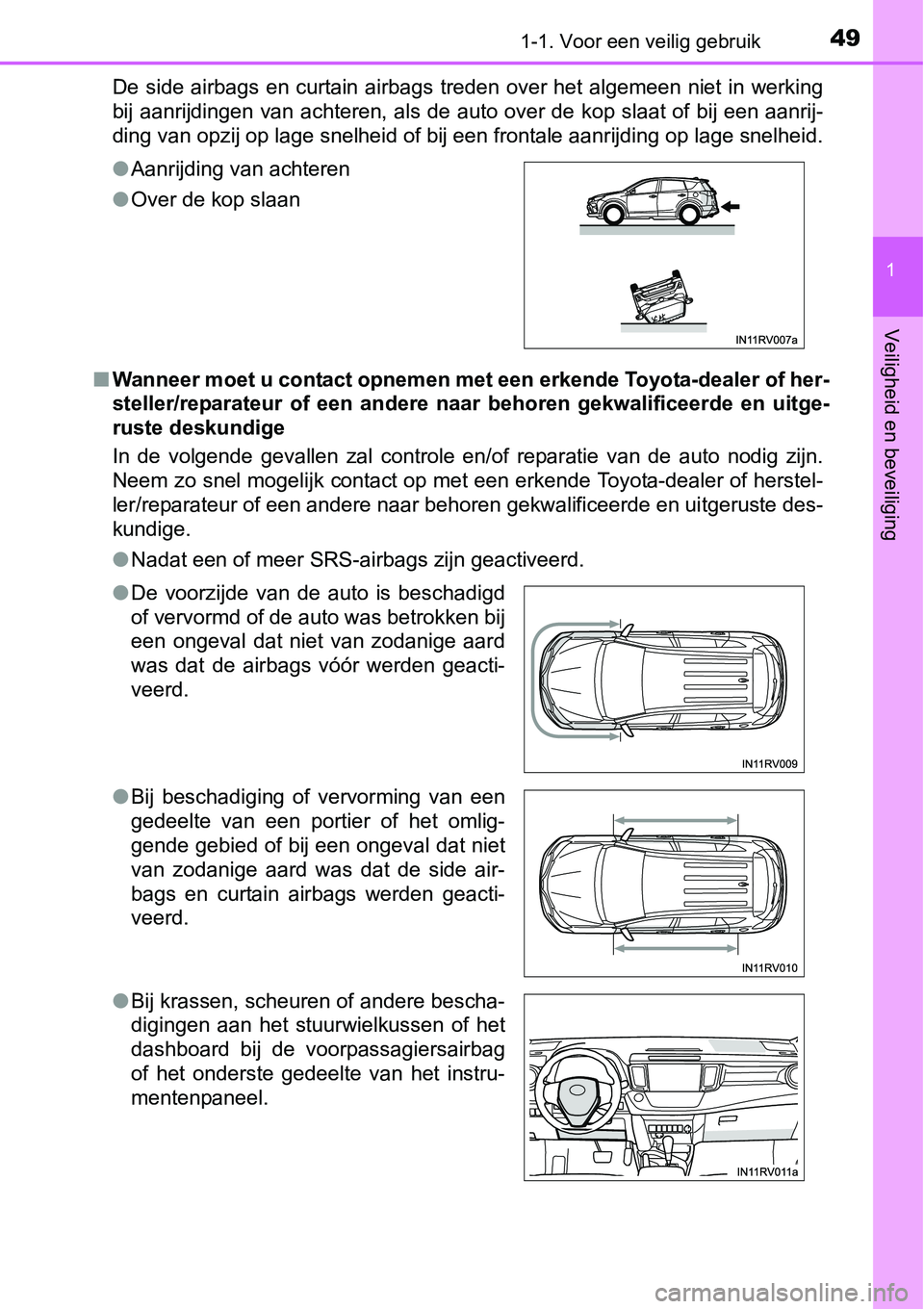TOYOTA RAV4 HYBRID 2018  Instructieboekje (in Dutch) 491-1. Voor een veilig gebruik
1
Veiligheid en beveiliging
De  side airbags en curtain  airbags treden over het algemeen niet in werking
bij aanrijdingen van achteren, als de auto over de kop slaat of