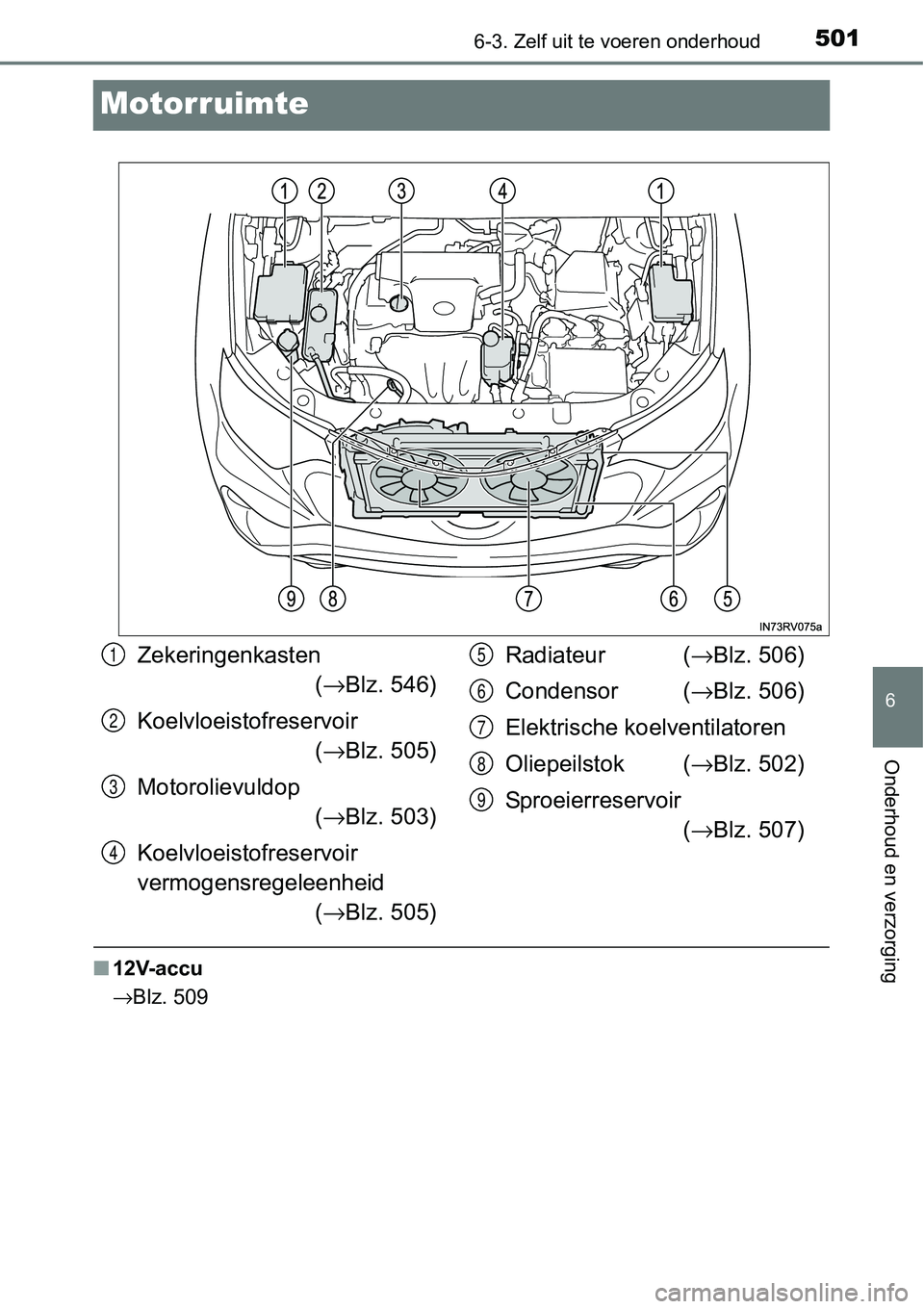 TOYOTA RAV4 HYBRID 2018  Instructieboekje (in Dutch) 5016-3. Zelf uit te voeren onderhoud
6
Onderhoud en verzorging
Motorruimte
■12V-accu
→Blz. 509
Zekeringenkasten
(→ Blz. 546)
Koelvloeistofreservoir  (→ Blz. 505)
Motorolievuldop (→ Blz. 503)
