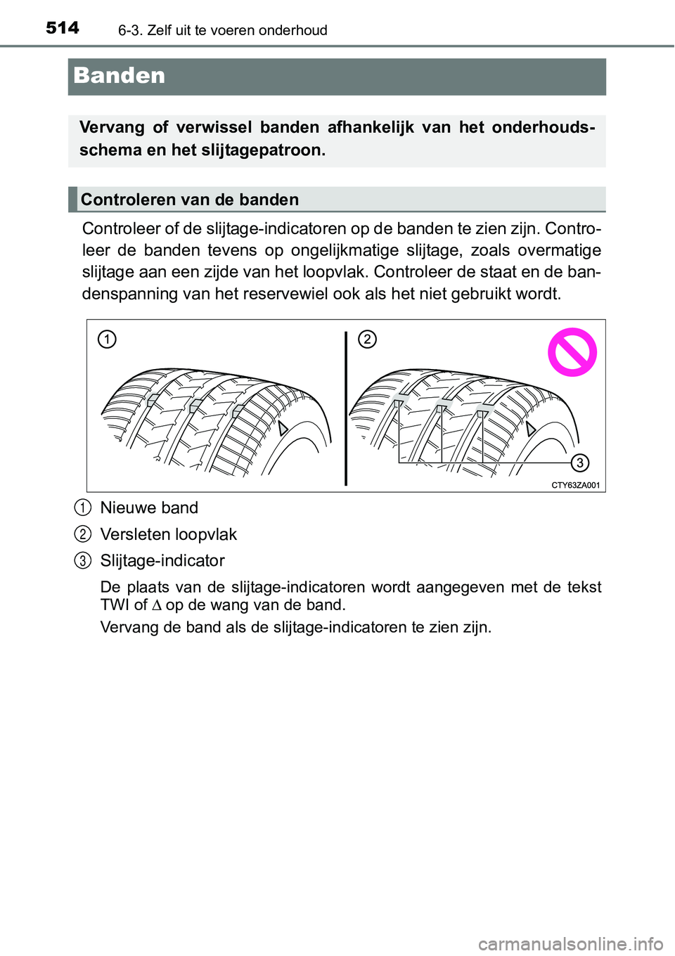 TOYOTA RAV4 HYBRID 2018  Instructieboekje (in Dutch) 5146-3. Zelf uit te voeren onderhoud
Banden
Controleer of de slijtage-indicatoren op de banden te zien zijn . Contro-
leer  de  banden  tevens   op  ongelijkmatige  slijtage,  zoals  overmat ige
slijt