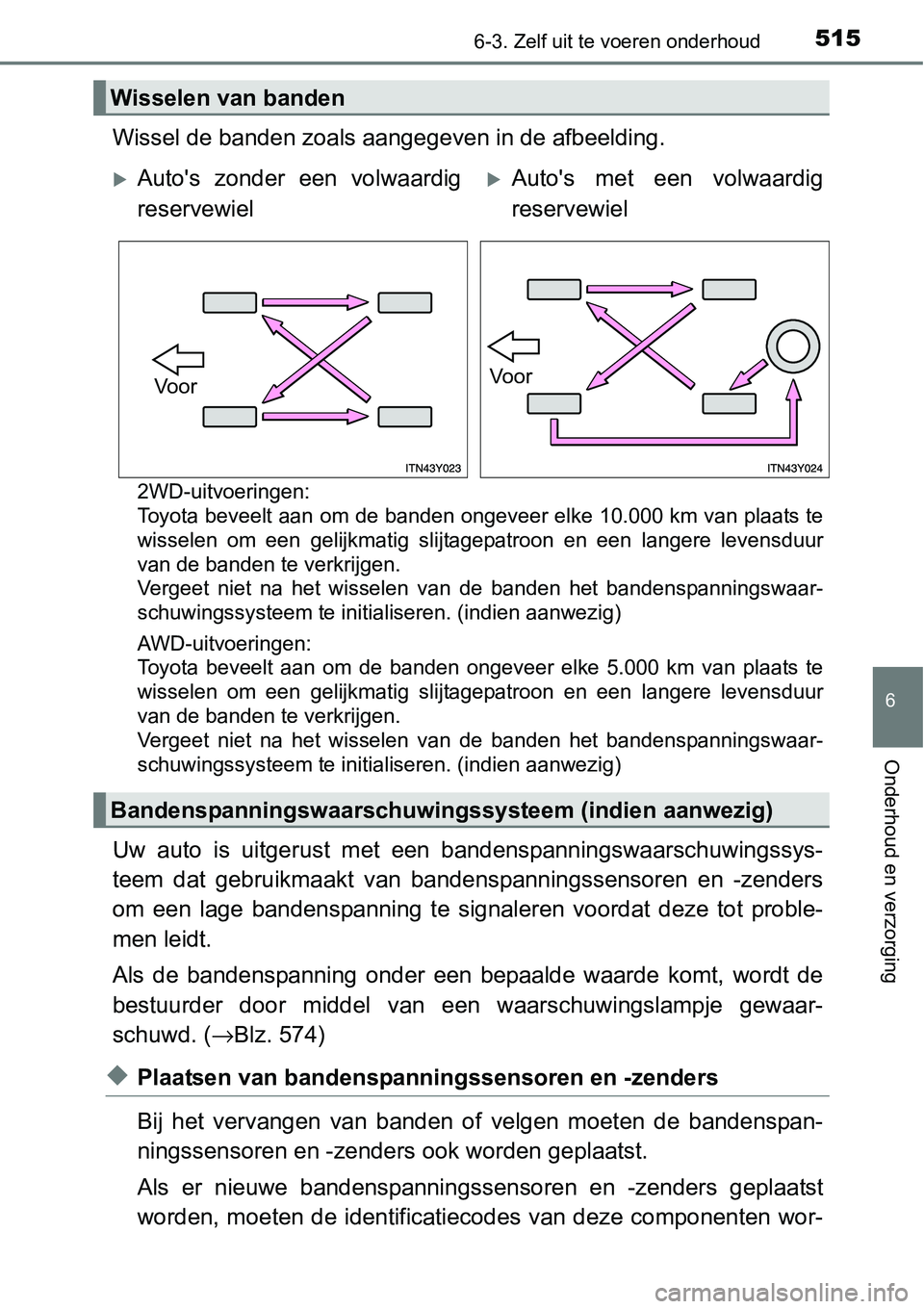 TOYOTA RAV4 HYBRID 2018  Instructieboekje (in Dutch) 5156-3. Zelf uit te voeren onderhoud
6
Onderhoud en verzorging
Wissel de banden zoals aangegeven in de afbeelding. 
2WD-uitvoeringen: 
Toyota beveelt aan om de banden ongeveer elke 10.000 km van plaat