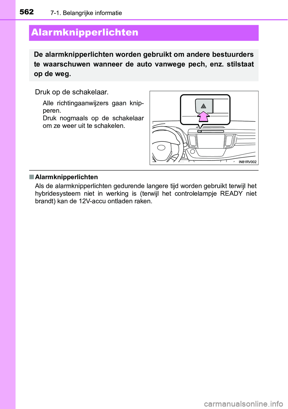 TOYOTA RAV4 HYBRID 2018 Instructieboekje (in Dutch) 5627-1. Belangrijke informatie
Alar mknipperlichten
Druk op de schakelaar.
Alle richtingaanwijzers gaan knip-
peren.
Druk nogmaals op de schakelaar
om ze weer uit te schakelen.
■Alarmknipperl TOYOTA RAV4 HYBRID 2018 Instructieboekje (in Dutch) 5627-1. Belangrijke informatie
Alar mknipperlichten
Druk op de schakelaar.
Alle richtingaanwijzers gaan knip-
peren.
Druk nogmaals op de schakelaar
om ze weer uit te schakelen.
■Alarmknipperl