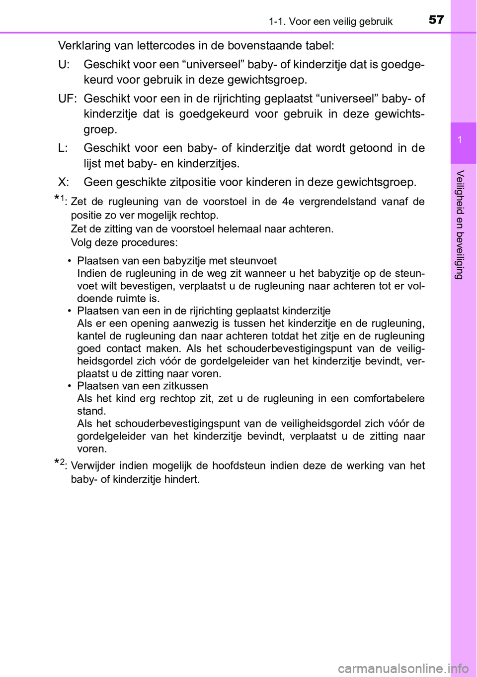 TOYOTA RAV4 HYBRID 2018 Instructieboekje (in Dutch) 571-1. Voor een veilig gebruik
1
Veiligheid en beveiliging
Verklaring van lettercodes in de bovenstaande tabel:
U: Geschikt voor een “universeel” baby- of kinderzitje dat is goedge-
keurd voor geb TOYOTA RAV4 HYBRID 2018 Instructieboekje (in Dutch) 571-1. Voor een veilig gebruik
1
Veiligheid en beveiliging
Verklaring van lettercodes in de bovenstaande tabel:
U: Geschikt voor een “universeel” baby- of kinderzitje dat is goedge-
keurd voor geb