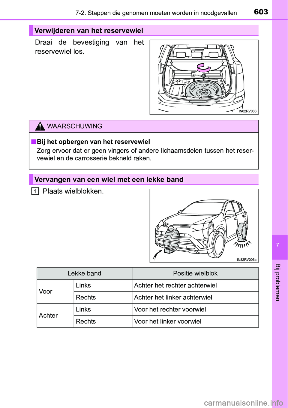 TOYOTA RAV4 HYBRID 2018 Instructieboekje (in Dutch) 6037-2. Stappen die genomen moeten worden in noodgevallen
7
Bij problemen
Draai de bevestiging van het
reservewiel los.
Plaats wielblokken.
Verwijderen van het reservewiel
WAARSCHUWING
■Bij het TOYOTA RAV4 HYBRID 2018 Instructieboekje (in Dutch) 6037-2. Stappen die genomen moeten worden in noodgevallen
7
Bij problemen
Draai de bevestiging van het
reservewiel los.
Plaats wielblokken.
Verwijderen van het reservewiel
WAARSCHUWING
■Bij het