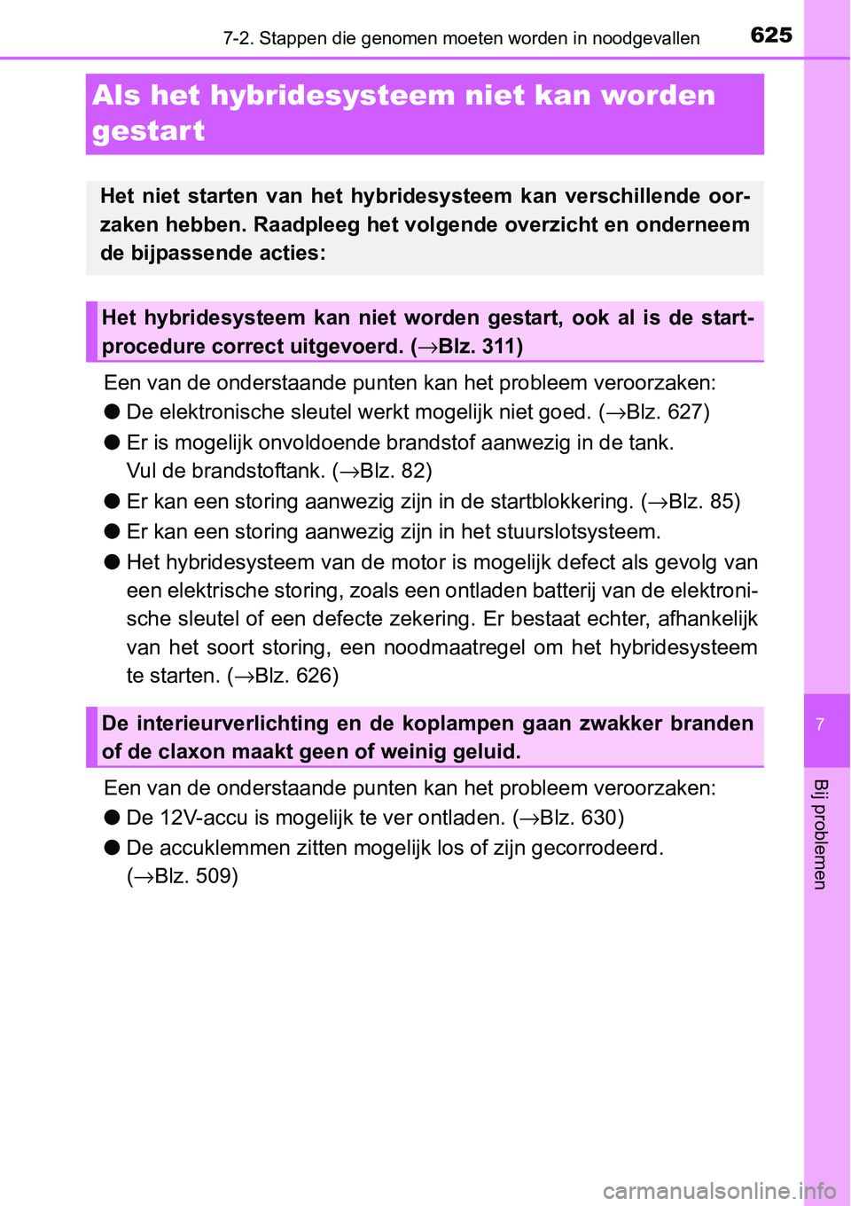 TOYOTA RAV4 HYBRID 2018 Instructieboekje (in Dutch) 6257-2. Stappen die genomen moeten worden in noodgevallen
7
Bij problemen
Als het hybridesyste em niet kan worden
gestar t
Een van de onderstaande punten kan het probleem veroorzaken:
● De elektro TOYOTA RAV4 HYBRID 2018 Instructieboekje (in Dutch) 6257-2. Stappen die genomen moeten worden in noodgevallen
7
Bij problemen
Als het hybridesyste em niet kan worden
gestar t
Een van de onderstaande punten kan het probleem veroorzaken:
● De elektro