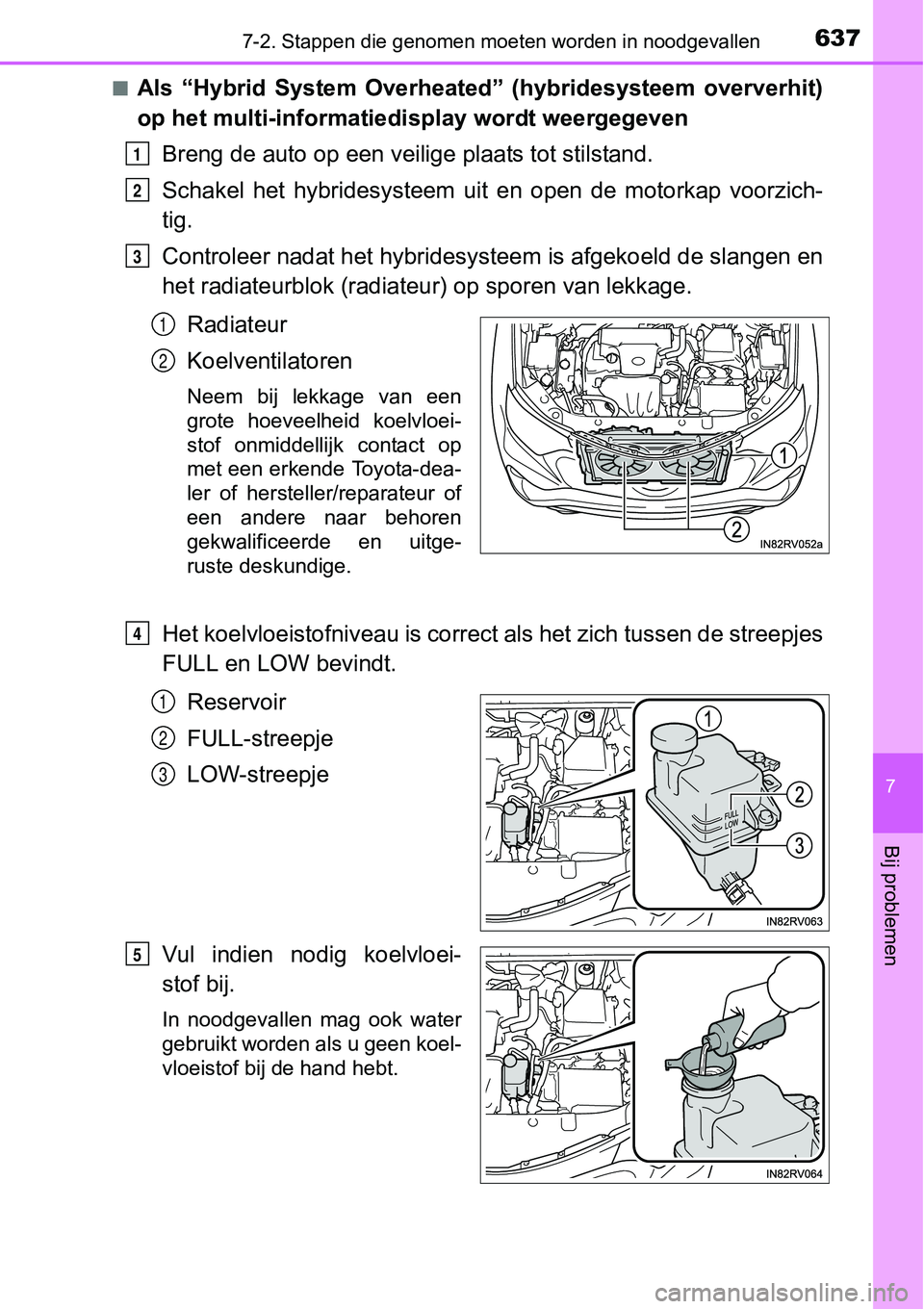 TOYOTA RAV4 HYBRID 2018 Instructieboekje (in Dutch) 6377-2. Stappen die genomen moeten worden in noodgevallen
7
Bij problemen
■Als “Hybrid System Overheated” (hybridesysteem oververhit)
op het multi-informatiedi splay wordt weergegeven
Breng TOYOTA RAV4 HYBRID 2018 Instructieboekje (in Dutch) 6377-2. Stappen die genomen moeten worden in noodgevallen
7
Bij problemen
■Als “Hybrid System Overheated” (hybridesysteem oververhit)
op het multi-informatiedi splay wordt weergegeven
Breng