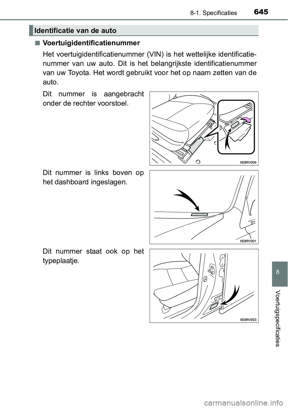 TOYOTA RAV4 HYBRID 2018 Instructieboekje (in Dutch) 6458-1. Specificaties
8
Voertuigspecificaties
■Voertuigidentificatienummer
Het voertuigidentificatienummer (VIN) is het wettelijke identificatie-
nummer van uw auto. Dit is het belangri TOYOTA RAV4 HYBRID 2018 Instructieboekje (in Dutch) 6458-1. Specificaties
8
Voertuigspecificaties
■Voertuigidentificatienummer
Het voertuigidentificatienummer (VIN) is het wettelijke identificatie-
nummer van uw auto. Dit is het belangri