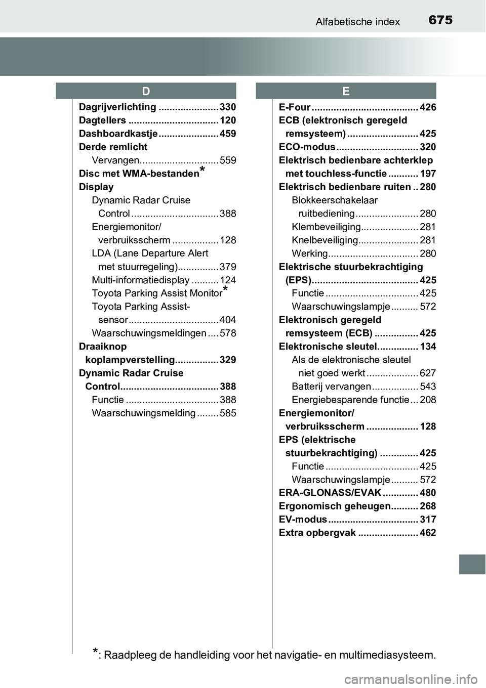 TOYOTA RAV4 HYBRID 2018  Instructieboekje (in Dutch) 675Alfabetische index
Dagrijverlichting ...................... 330
Dagtellers ................................. 120
Dashboardkastje ...................... 459
Derde remlichtVervangen..................