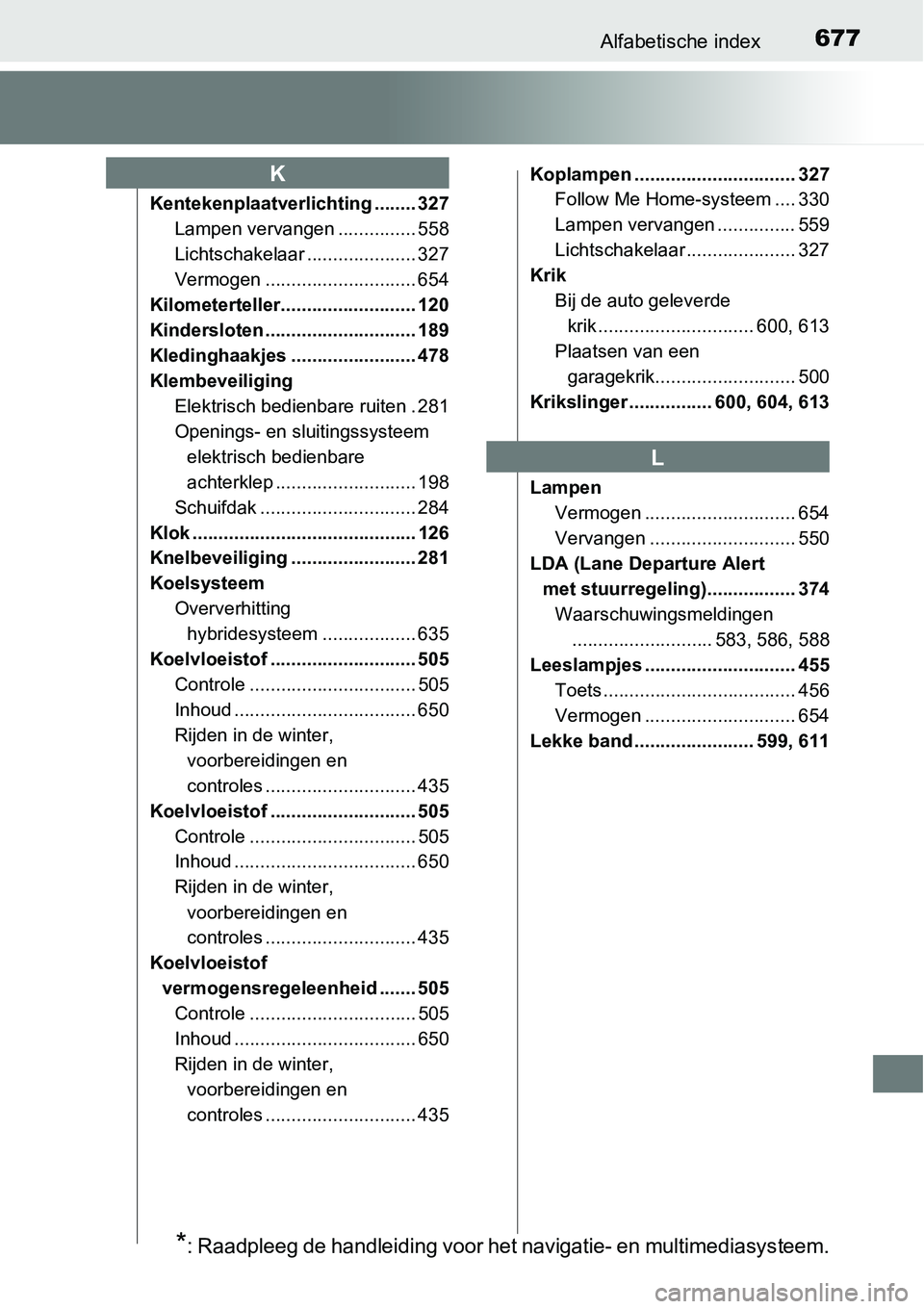 TOYOTA RAV4 HYBRID 2018  Instructieboekje (in Dutch) 677Alfabetische index
Kentekenplaatverlichting ........ 327Lampen vervangen ............... 558
Lichtschakelaar ..................... 327
Vermogen ............................. 654
Kilometerteller....