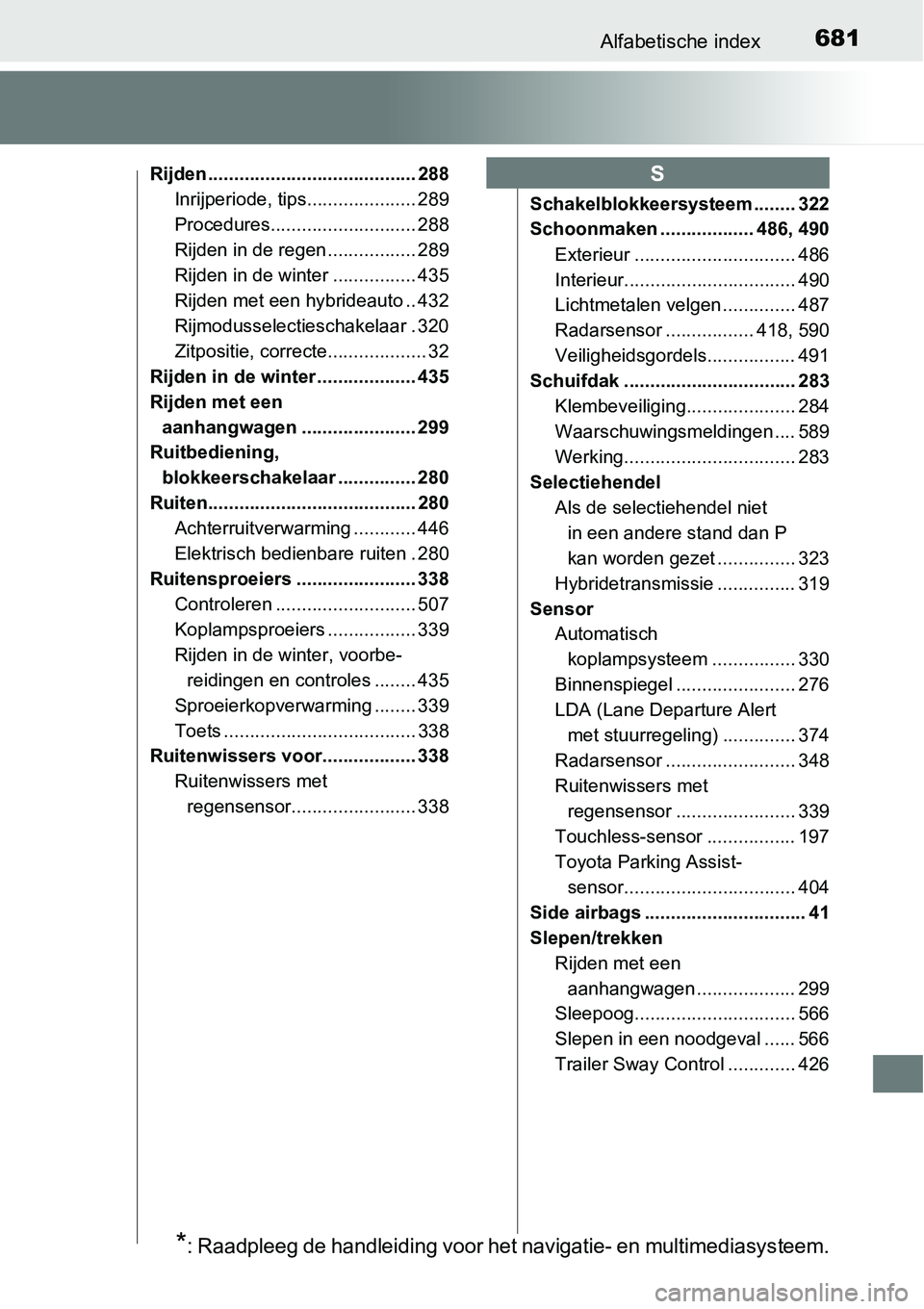 TOYOTA RAV4 HYBRID 2018 Instructieboekje (in Dutch) 681Alfabetische index
Rijden ........................................ 288Inrijperiode, tips..................... 289
Procedures............................ 288
Rijden in de regen ................. 289 TOYOTA RAV4 HYBRID 2018 Instructieboekje (in Dutch) 681Alfabetische index
Rijden ........................................ 288Inrijperiode, tips..................... 289
Procedures............................ 288
Rijden in de regen ................. 289